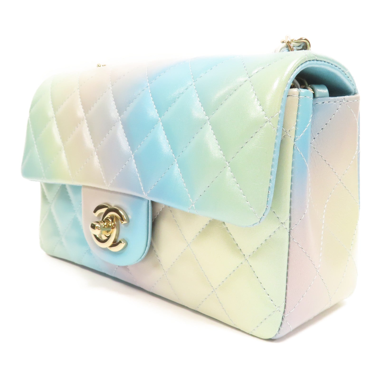 CHANEL 菱格羊皮皮革Classic Flap 20金扣鏈帶肩背袋綠色/藍色