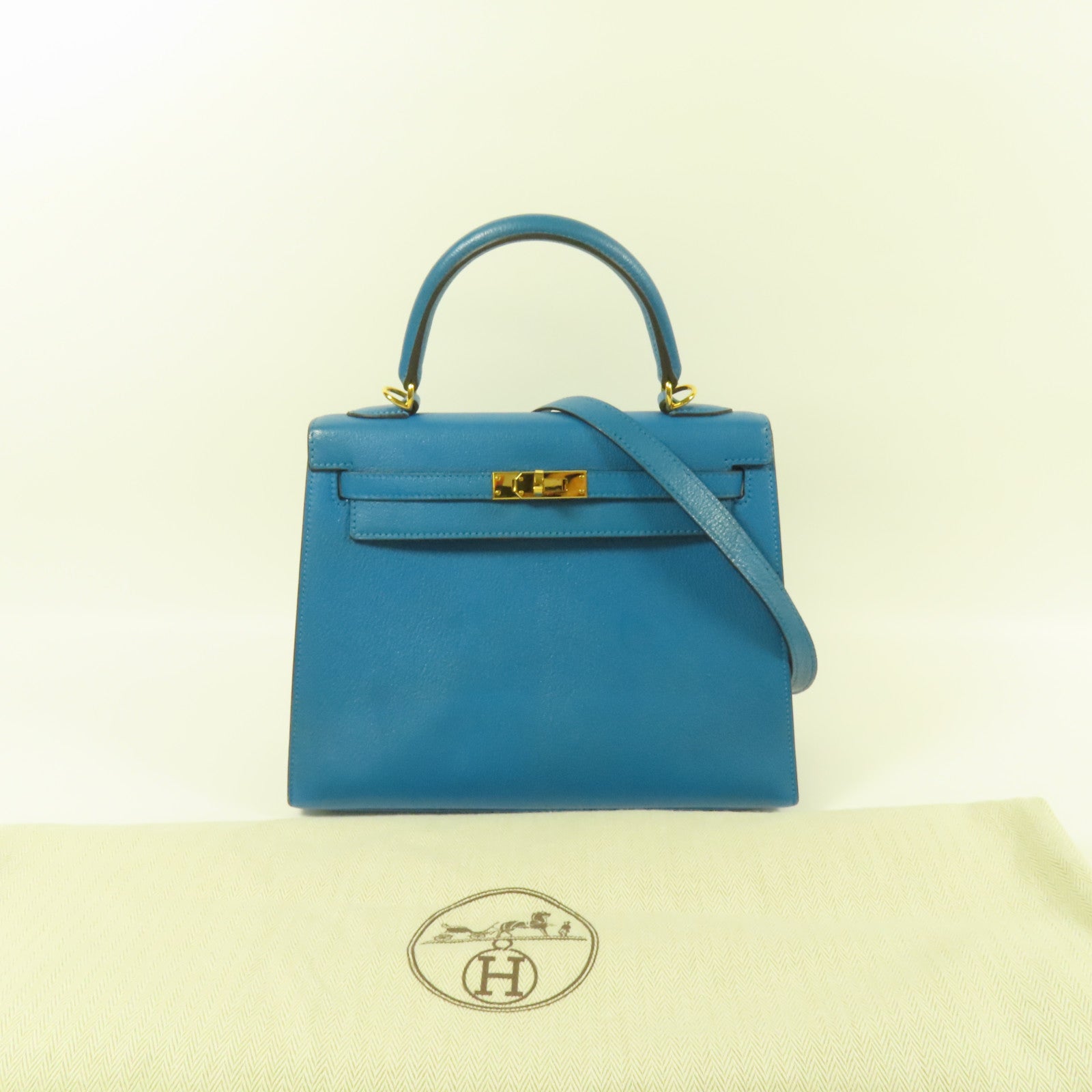 HERMES Chevre皮革Kelly 25金扣手挽肩背兩用袋Blue Zanzibar
