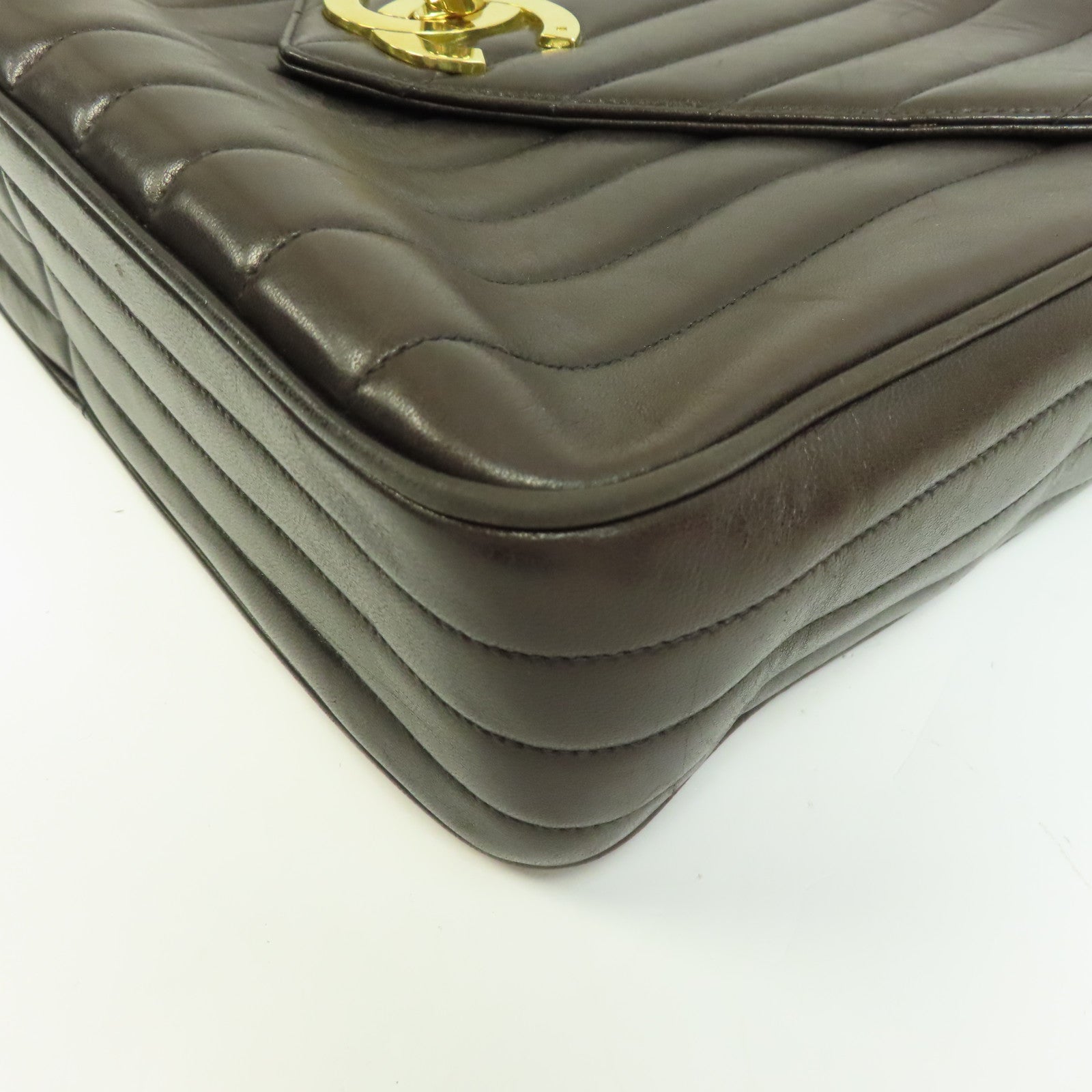 CHANEL 牛皮皮革Vintage Chain Shoulder金扣鏈帶肩背袋啡色