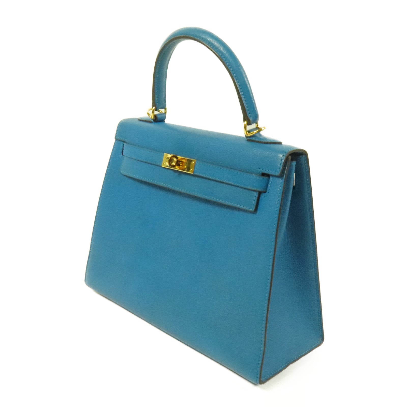 HERMES Chevre皮革Kelly 25金扣手挽肩背兩用袋Blue Zanzibar