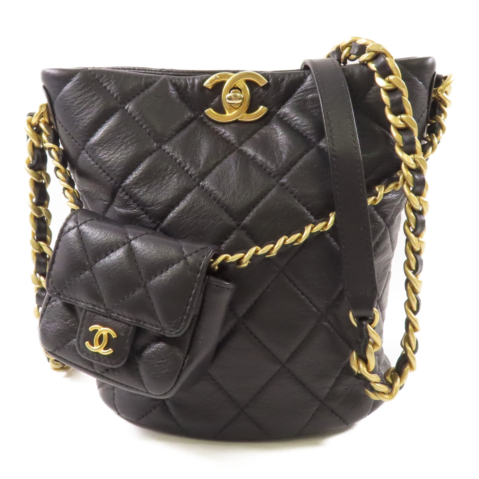 CHANEL 羊皮皮革Bucket Bag金扣鏈帶肩背袋