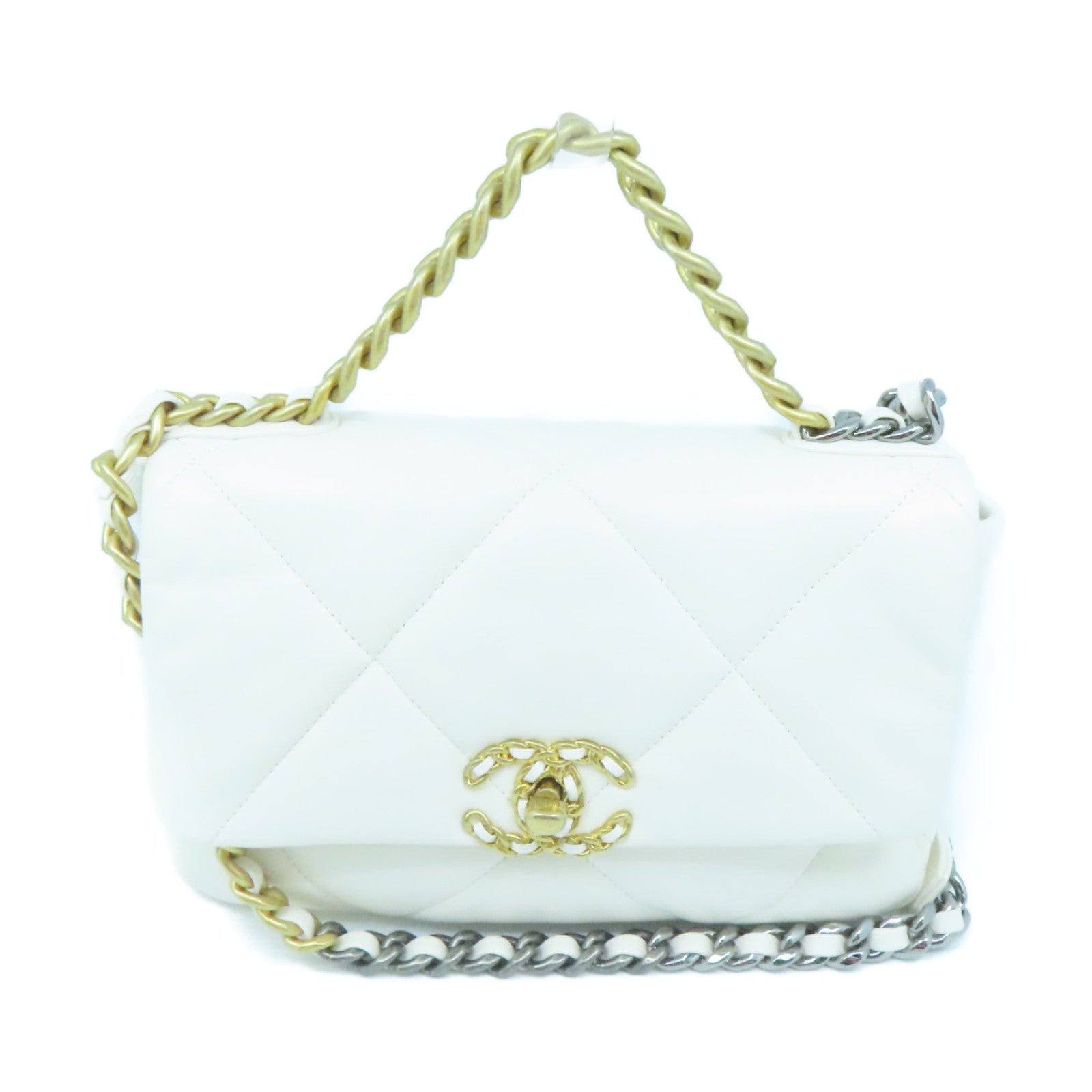 CHANEL rhombic cowhide leather Chain Shoulder Bag gold buckle handle shoulder bag dual-use white