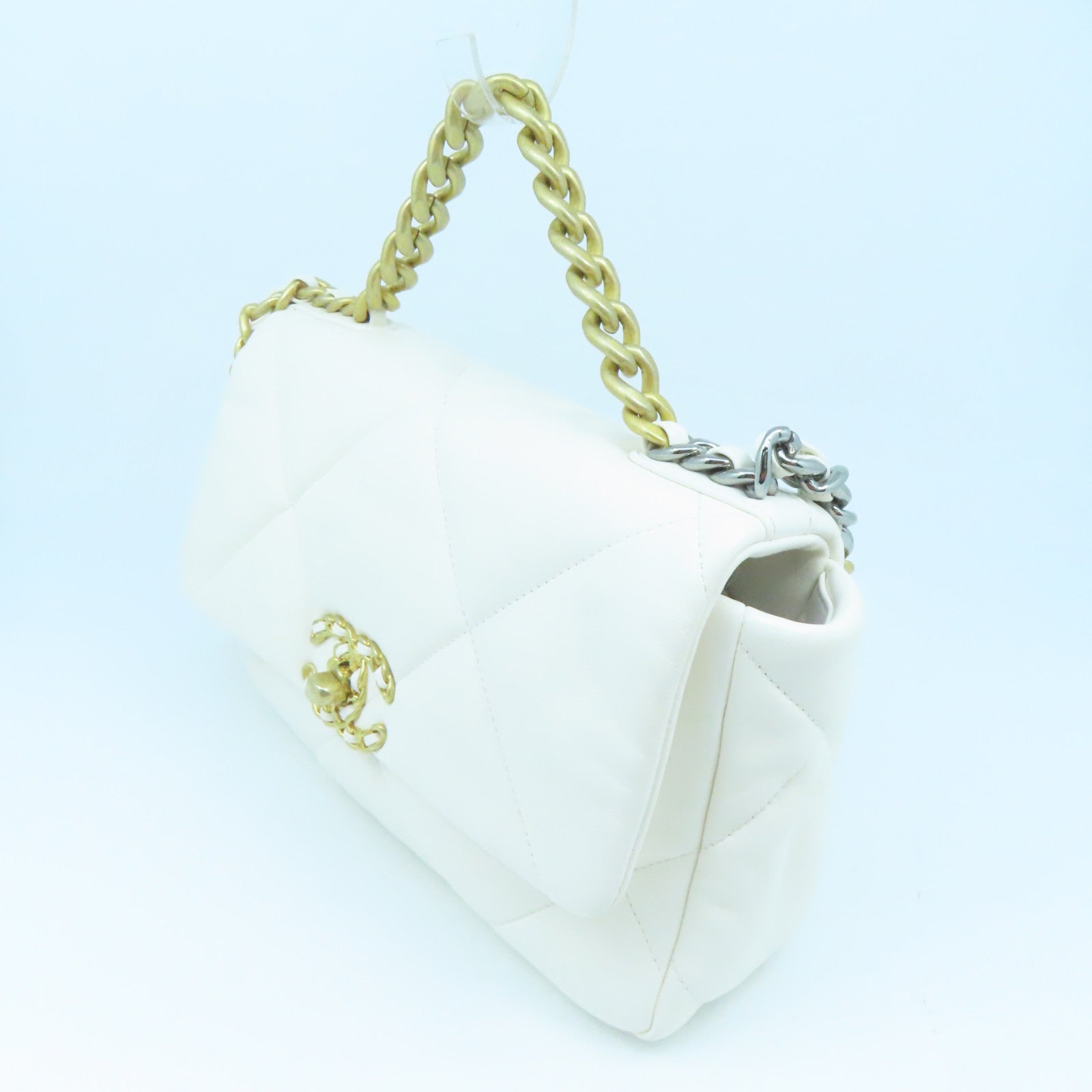 CHANEL rhombic cowhide leather Chain Shoulder Bag gold buckle handle shoulder bag dual-use white