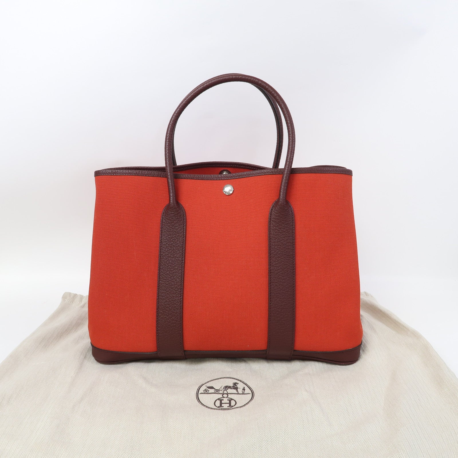 HERMES 【激減優惠】Toile H帆布Garden Party PM銀扣手挽袋Cuivre/紅銅色