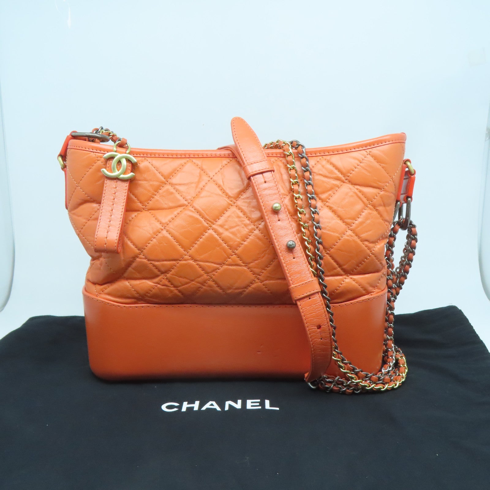 CHANEL 【激減優惠】菱格牛皮皮革Gabrielle Medium金扣鏈帶肩背袋橙色