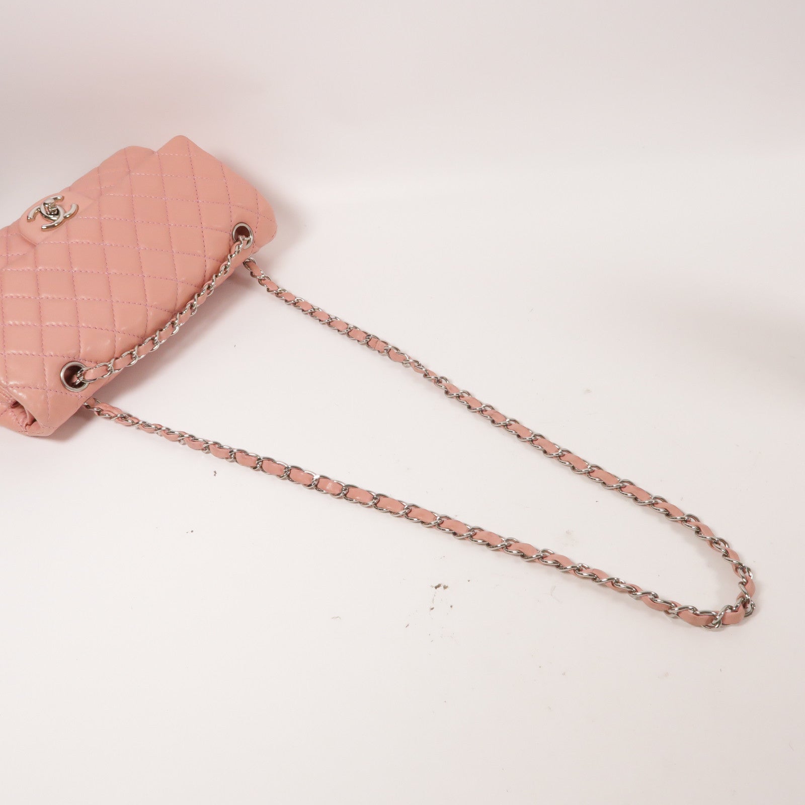 CHANEL 菱格羊皮皮革Chain Shoulder銀扣鏈帶肩背袋粉紅色