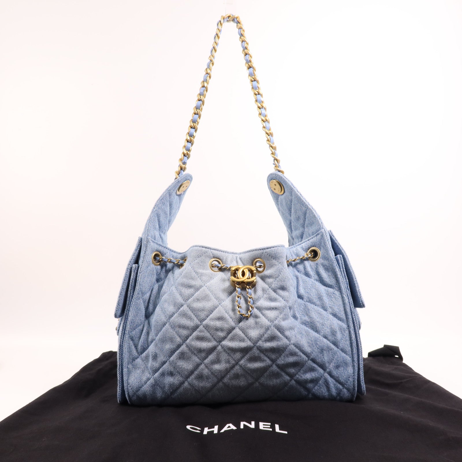 CHANEL 牛仔布Chanel 25 Small金扣鏈帶肩背袋