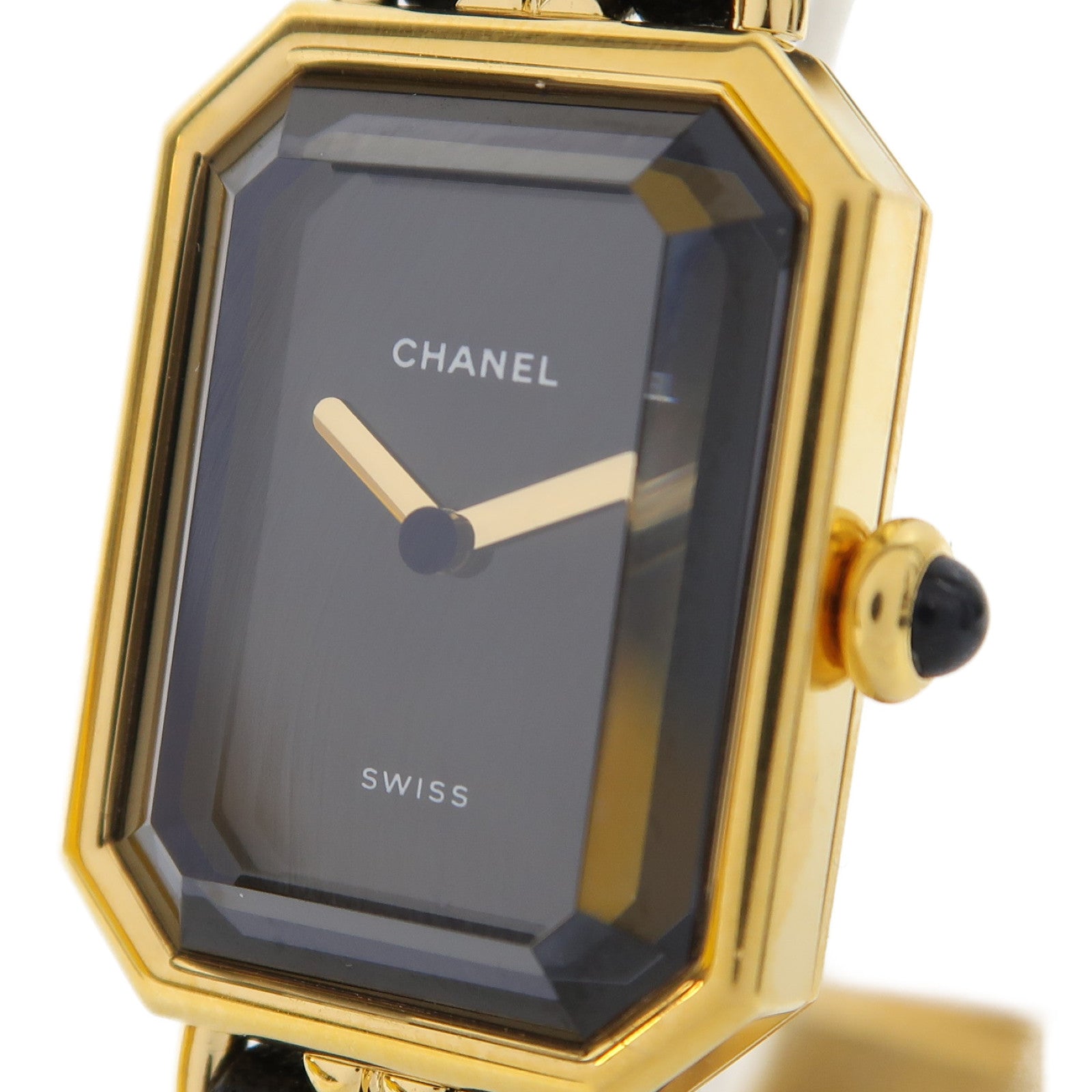 CHANEL Premiere S鍍金/皮革帶手錶石英機芯黑色