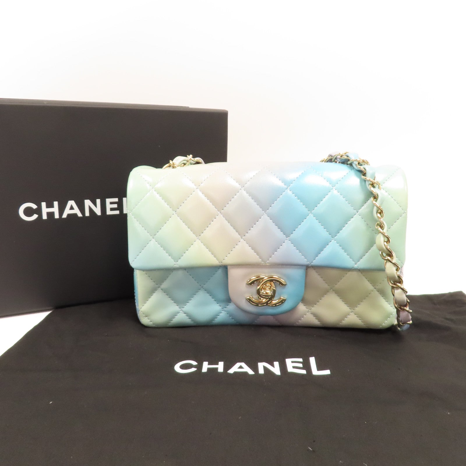 CHANEL 菱格羊皮皮革Classic Flap 20金扣鏈帶肩背袋綠色/藍色