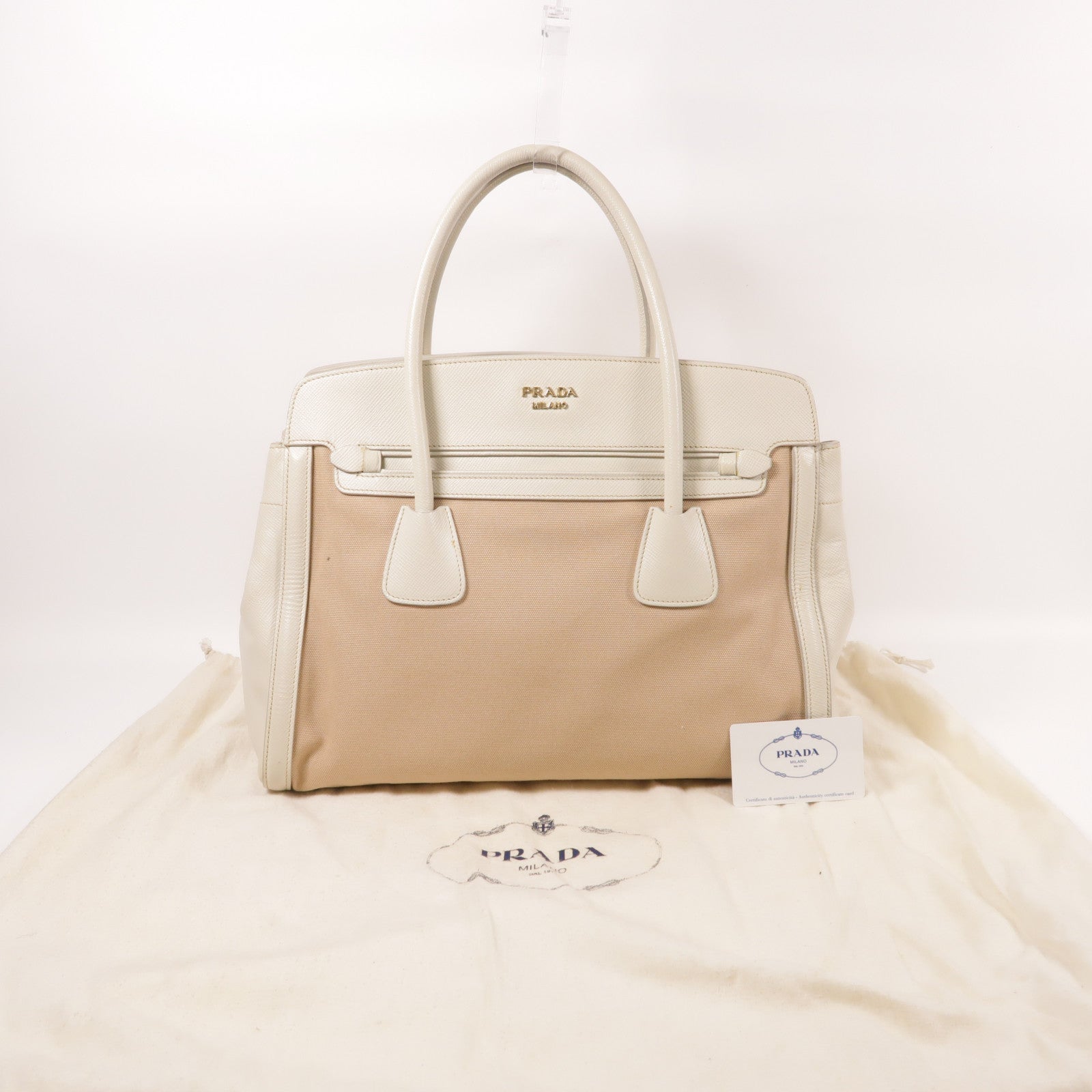 PRADA 帆布/皮革Tote Bag金扣手挽袋