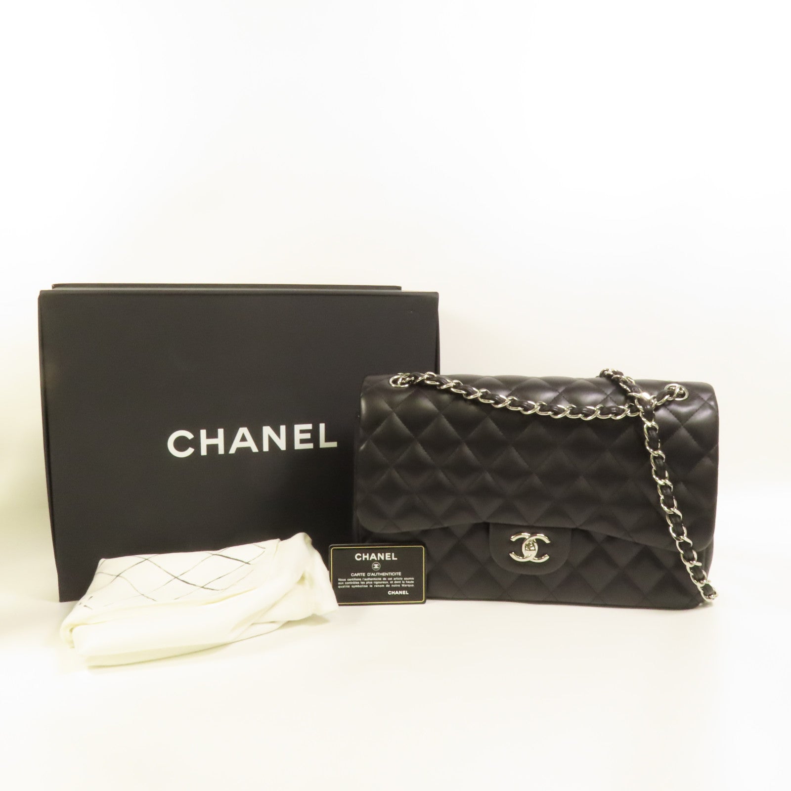 CHANEL 羊皮皮革Large Classic銀扣鏈帶肩背袋