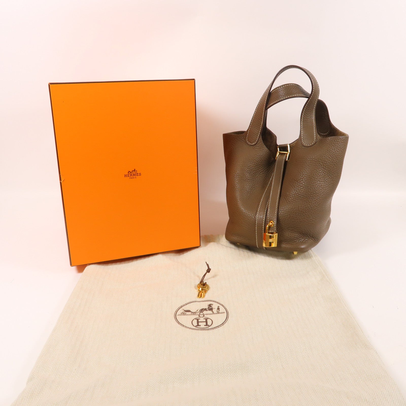HERMES Clemence皮革Picotin PM金扣手挽袋大象灰色