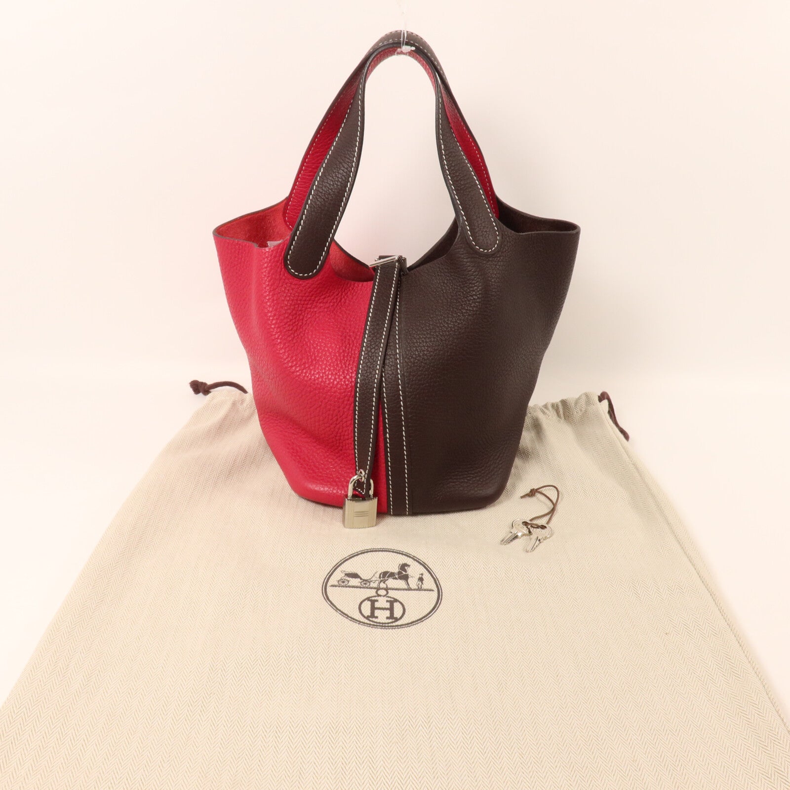 HERMES Clemence皮革Picotin PM手挽袋Rouge Sellier/Framboise