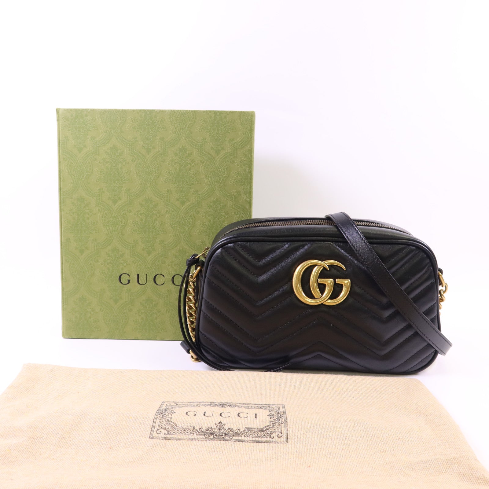 GUCCI 牛皮皮革GG Marmont Small金扣鏈帶肩背袋