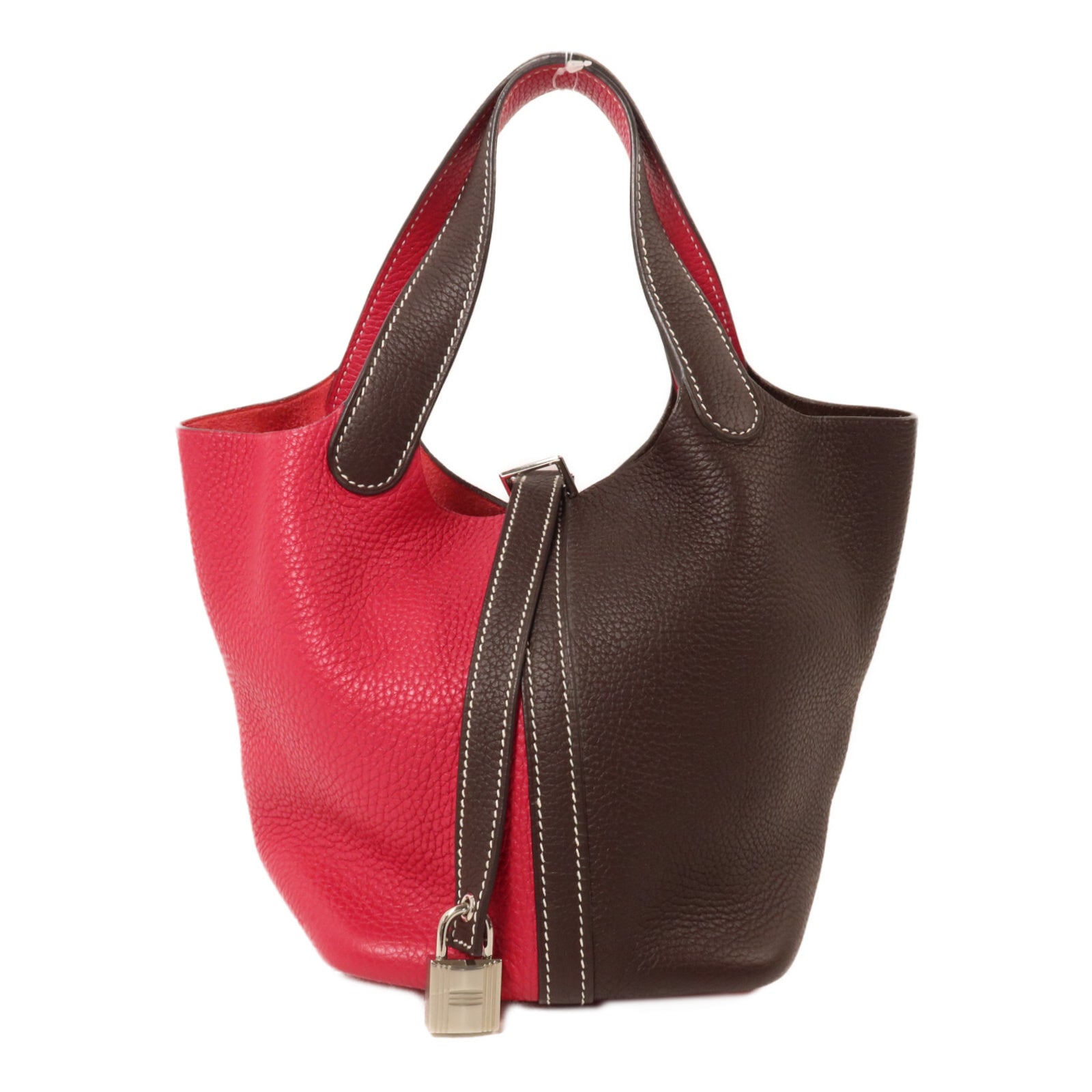 HERMES Clemence皮革Picotin PM手挽袋Rouge Sellier/Framboise