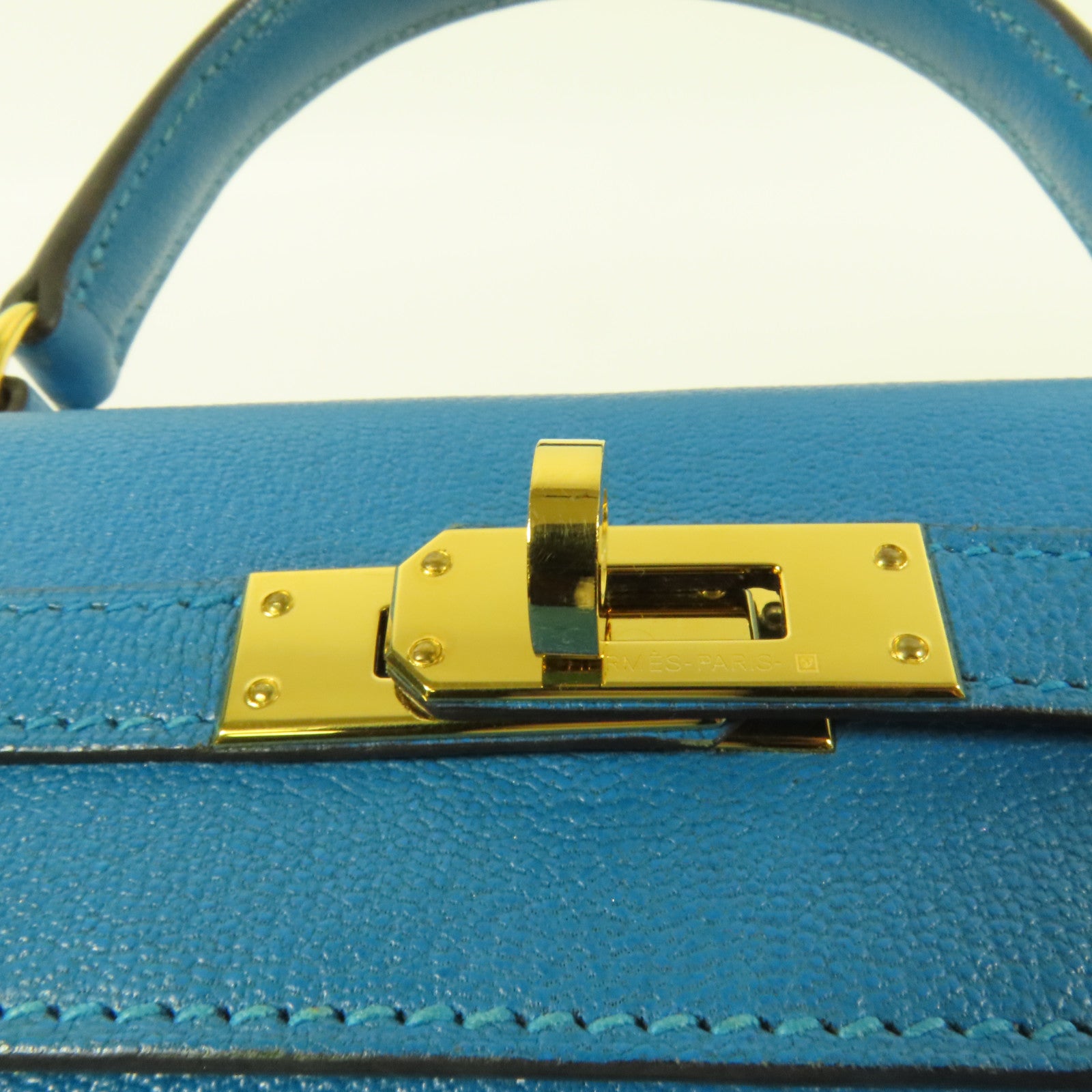 HERMES Chevre皮革Kelly 25金扣手挽肩背兩用袋Blue Zanzibar