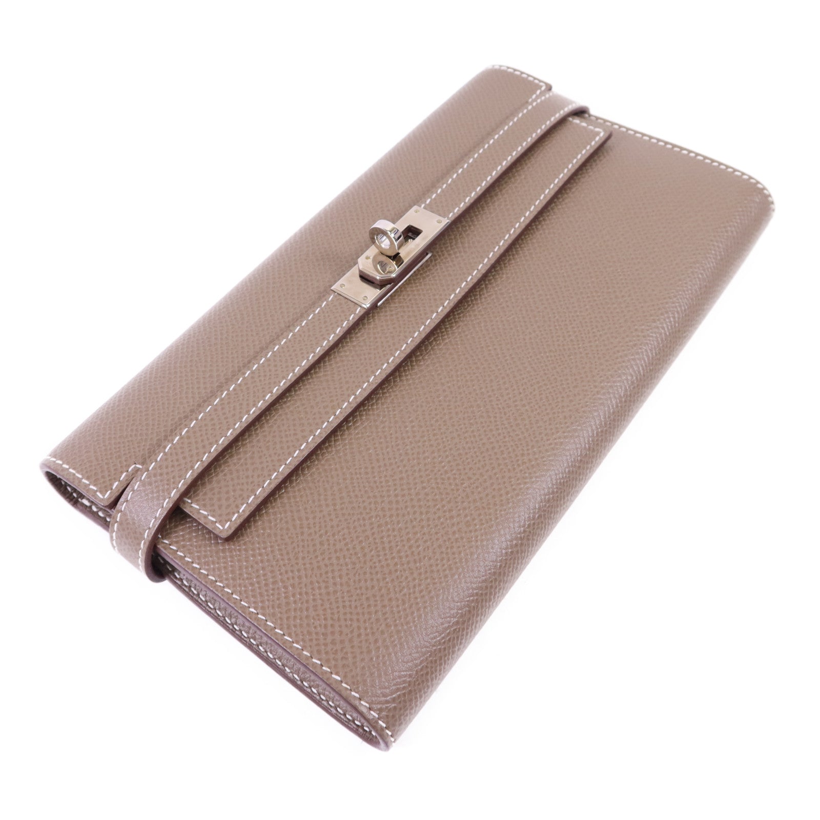 HERMES Epsom皮革Kelly Long Wallet銀扣長錢包Etoupe