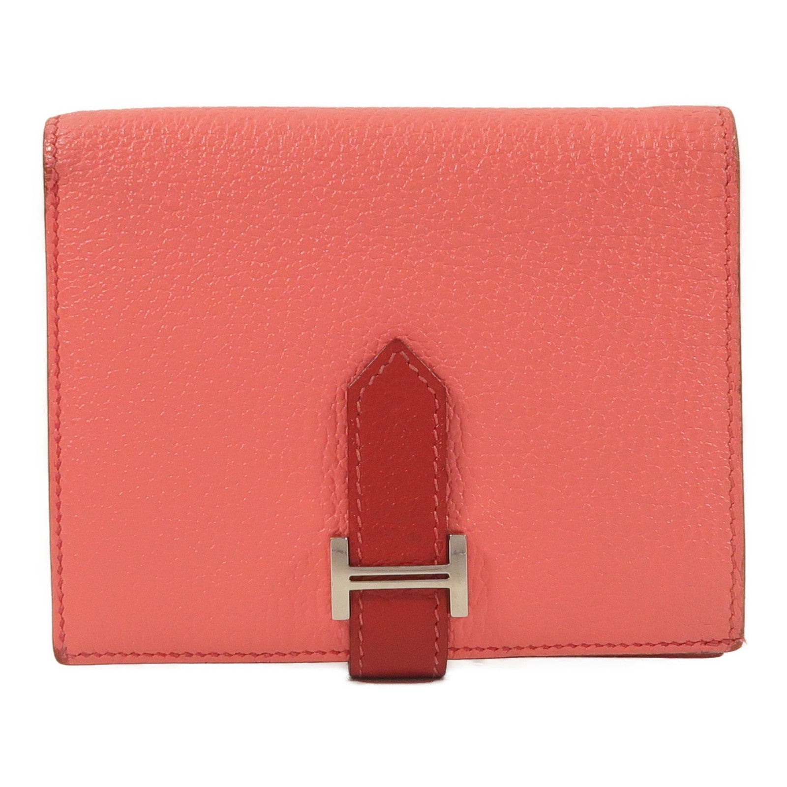 HERMES Chevre皮革Bearn Compact Wallet錢包Rose Lipstick/Rouge Casaque