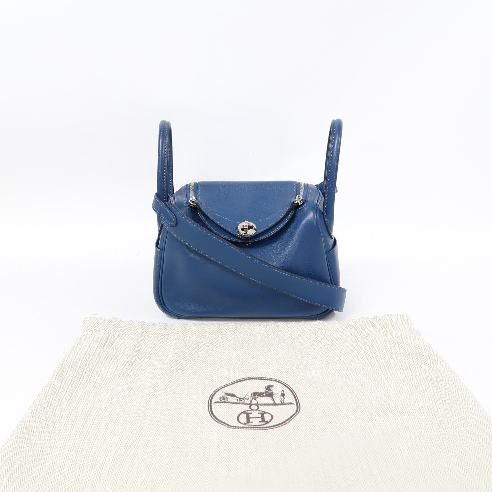 HERMES Swift皮革Mini Lindy銀扣手挽肩背兩用袋Bleu Saphir/寶石藍色