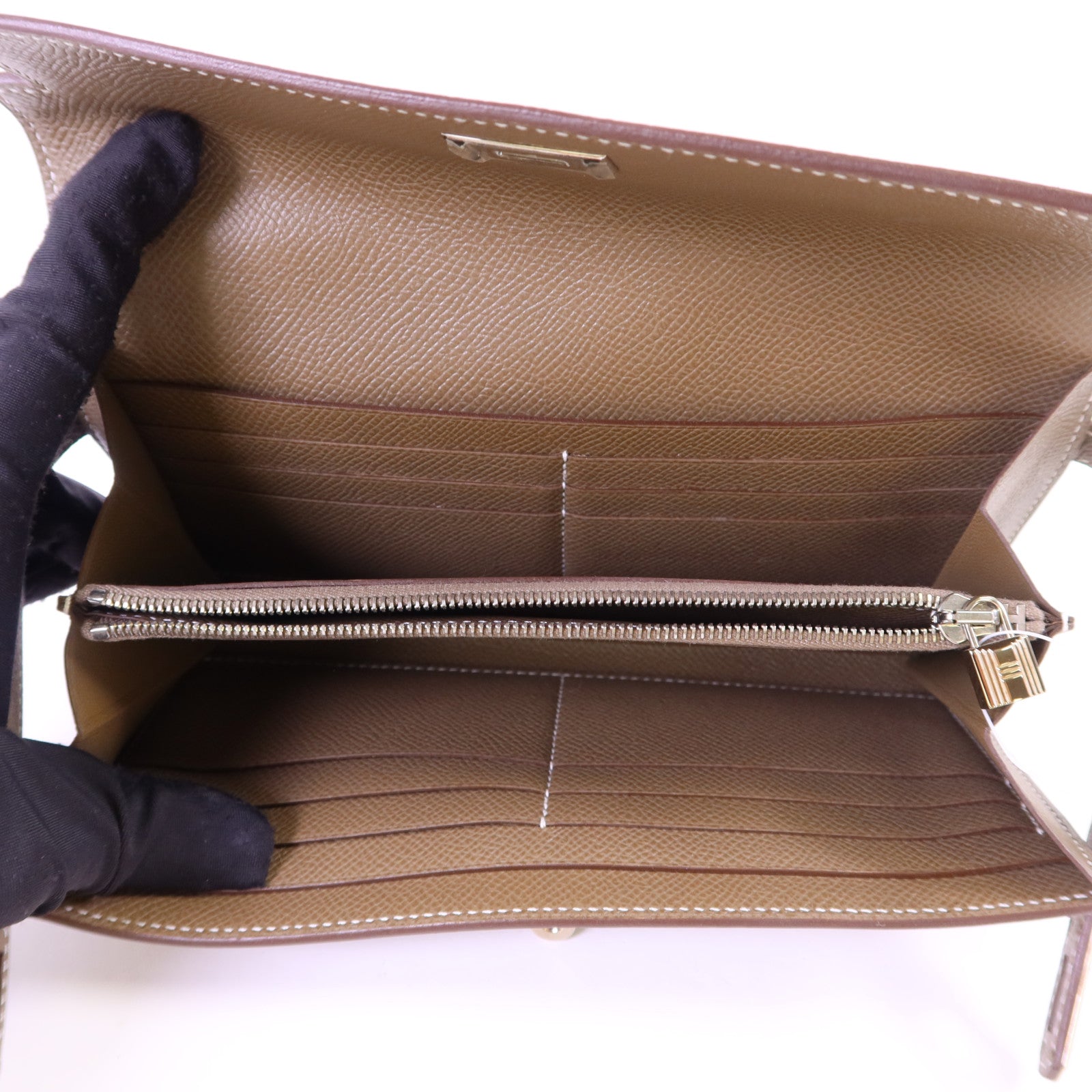 HERMES Epsom皮革Kelly Long Wallet銀扣長錢包Etoupe