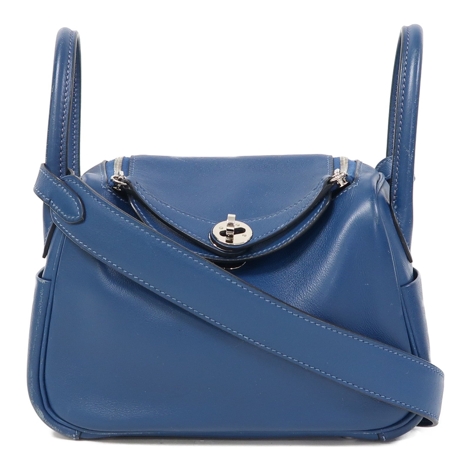 HERMES Swift皮革Mini Lindy銀扣手挽肩背兩用袋Bleu Saphir/寶石藍色