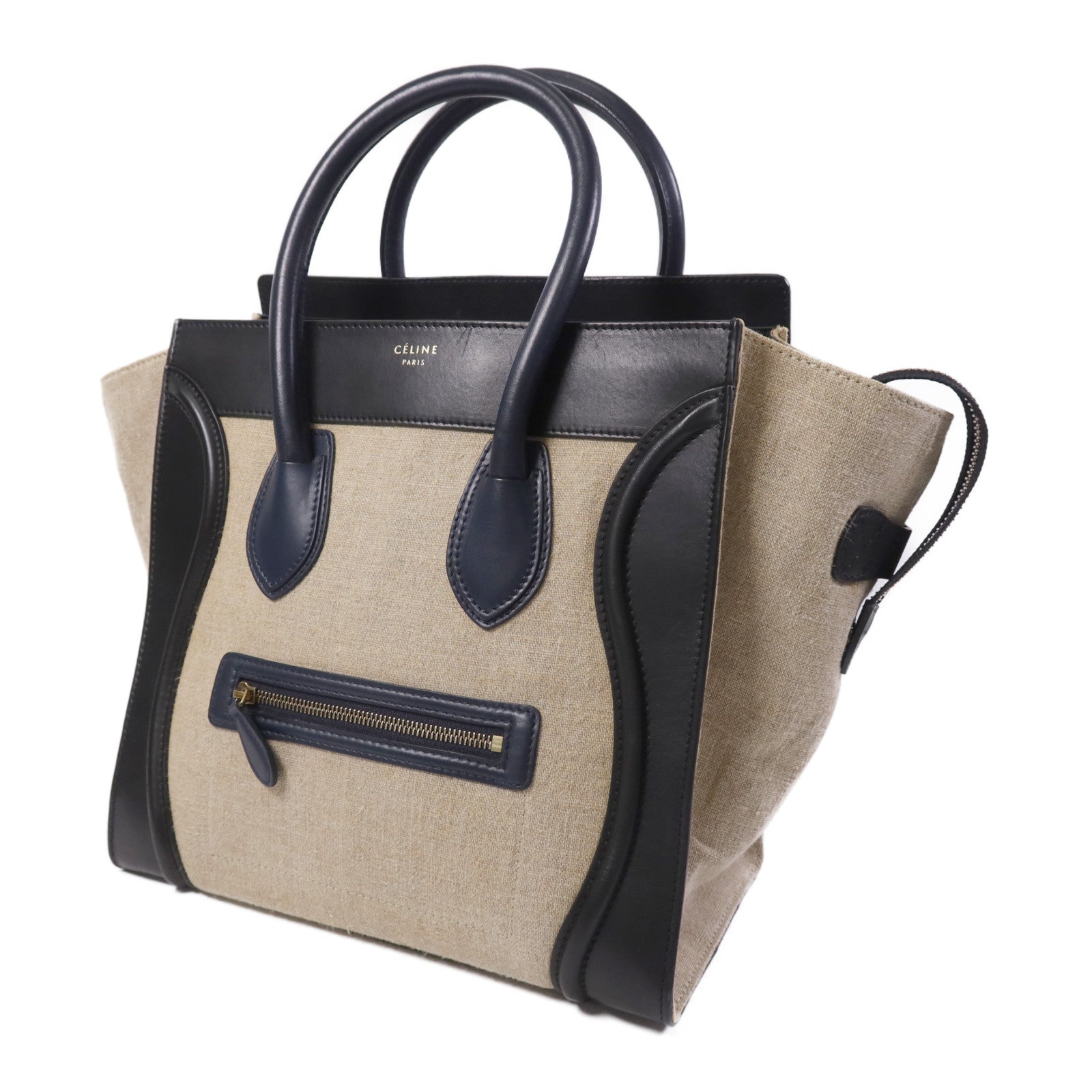 CELINE 麻質/牛皮皮革Mini Luggage金扣手挽袋