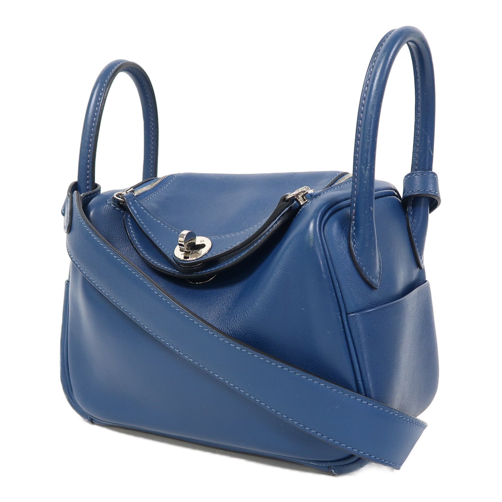 HERMES Swift皮革Mini Lindy銀扣手挽肩背兩用袋Bleu Saphir/寶石藍色