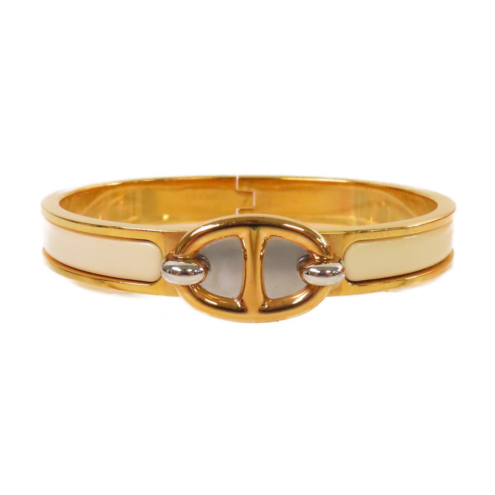 HERMES 金屬/琺瑯Mini Clic Chaine D'Ancre Bracelet金扣手鐲杏色/金色