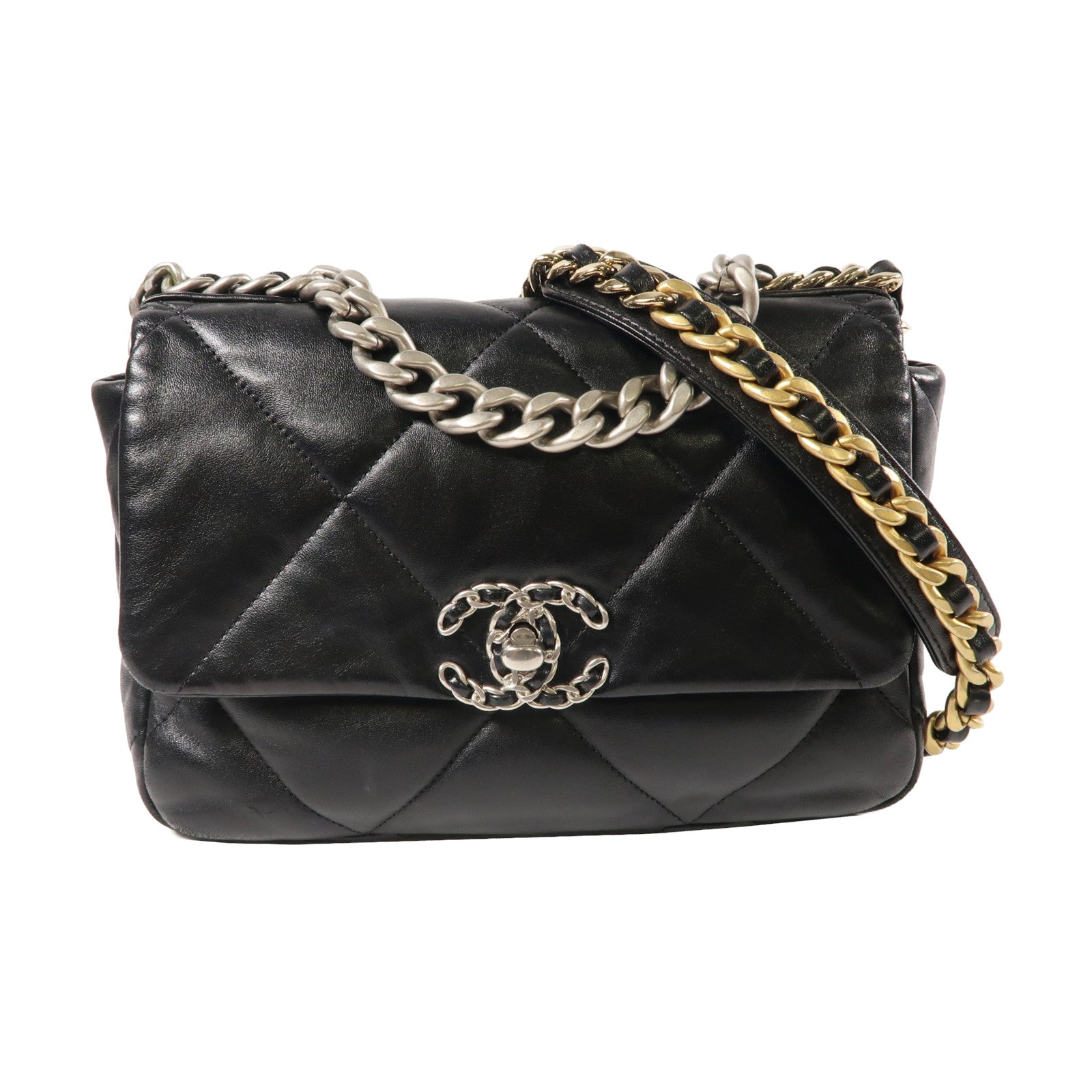CHANEL 菱格羊皮皮革C19 Small 2 Way Chain Shoulder Bag銀扣鏈帶手挽肩背兩用袋黑色