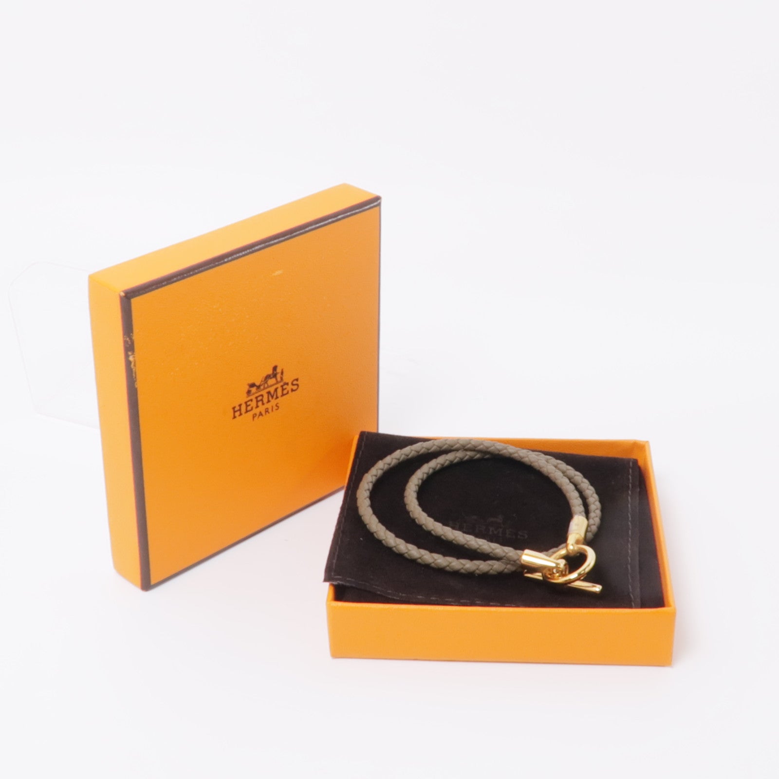 HERMES 牛皮皮革Glenan Double Tour Bracelet手鏈Etoupe/灰色