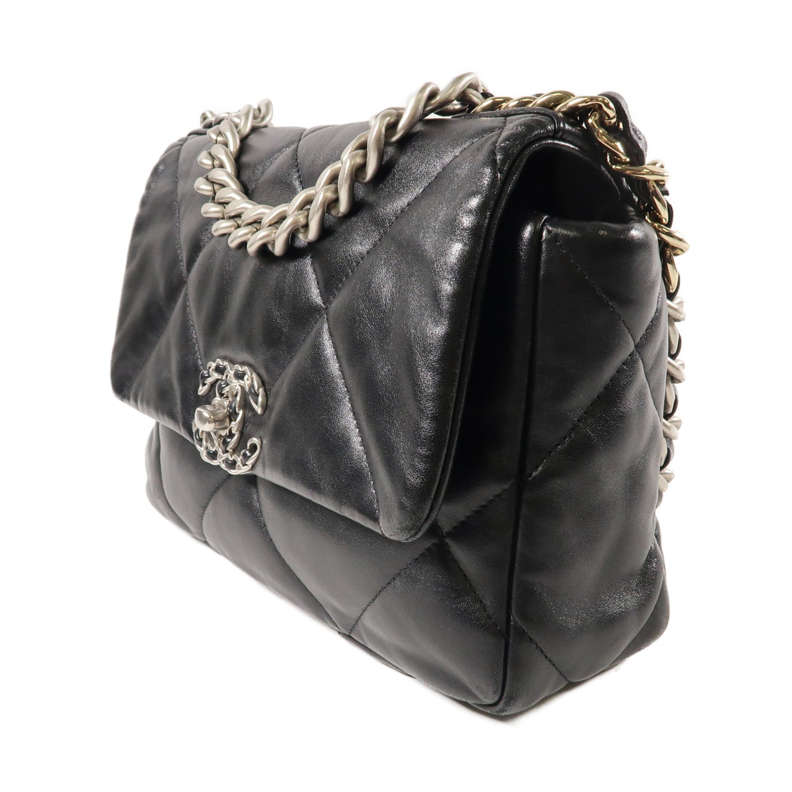 CHANEL 菱格羊皮皮革C19 Small 2 Way Chain Shoulder Bag銀扣鏈帶手挽肩背兩用袋黑色