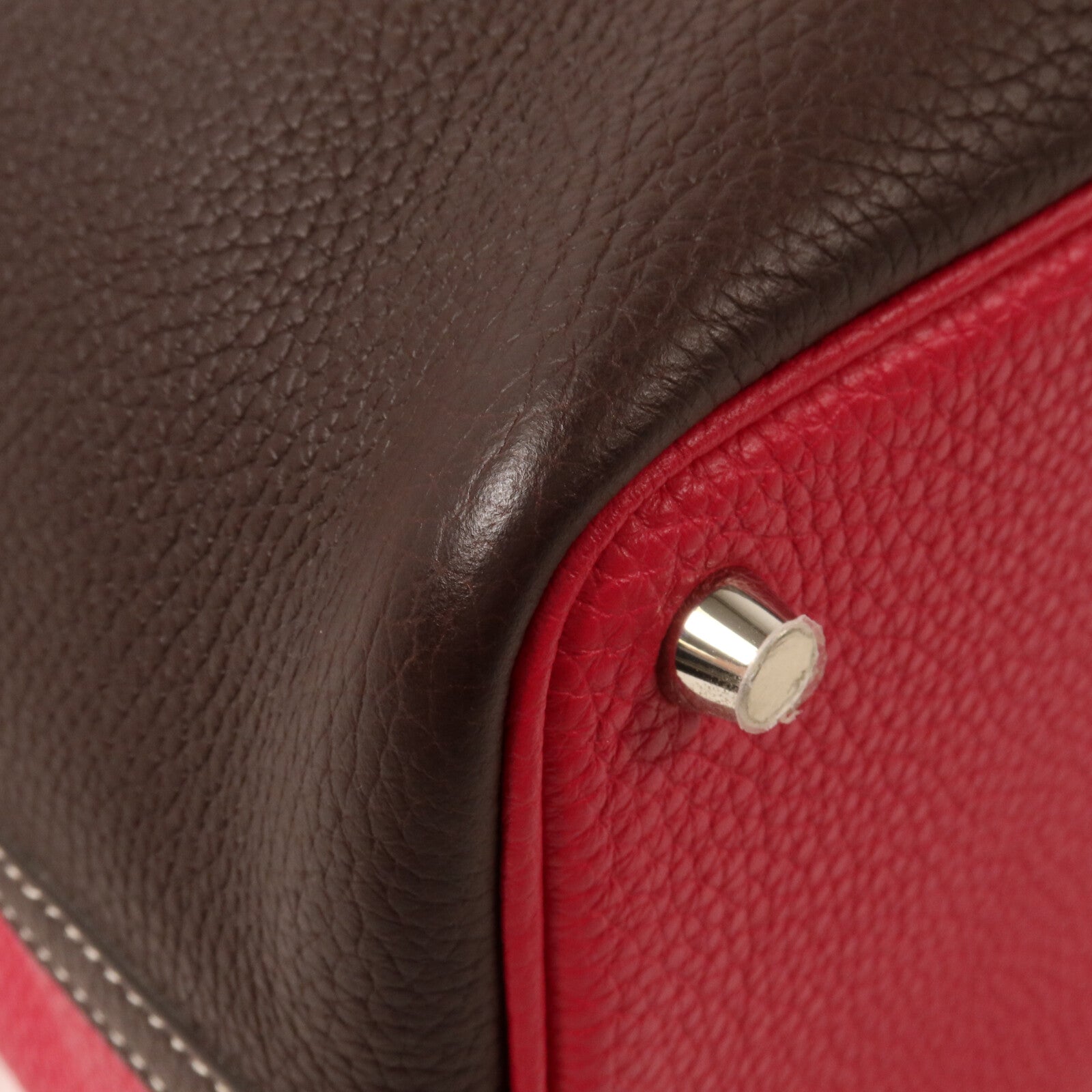 HERMES Clemence皮革Picotin PM手挽袋Rouge Sellier/Framboise