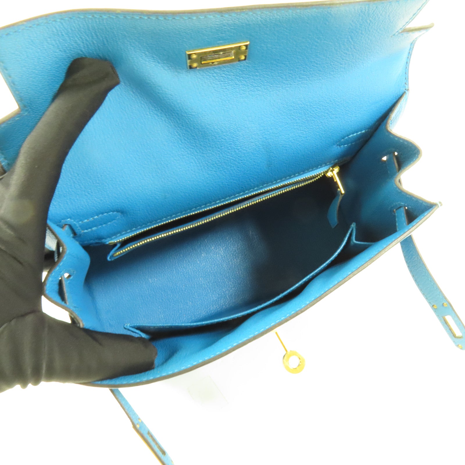 HERMES Chevre皮革Kelly 25金扣手挽肩背兩用袋Blue Zanzibar