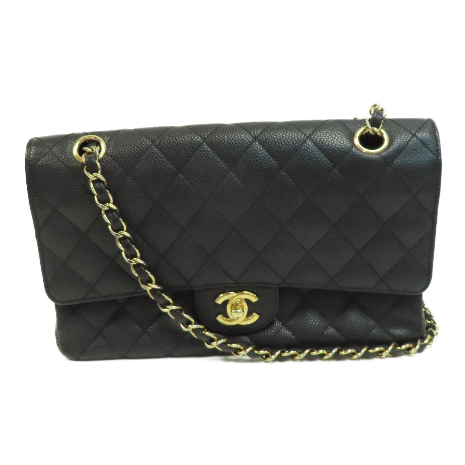 CHANEL 菱格Caviar皮革Classic 25金扣鏈帶肩背袋黑色