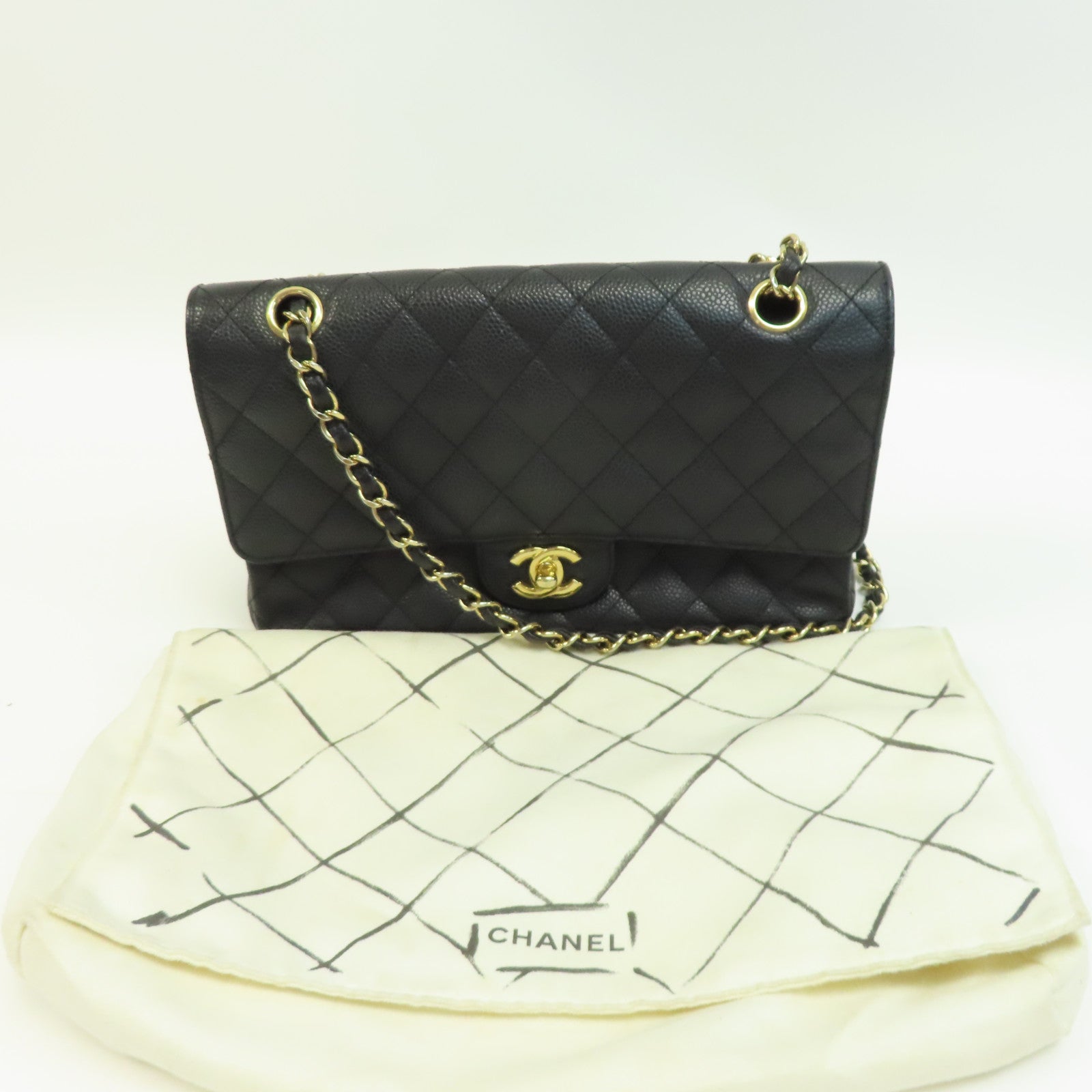 CHANEL 菱格Caviar皮革Classic 25金扣鏈帶肩背袋黑色