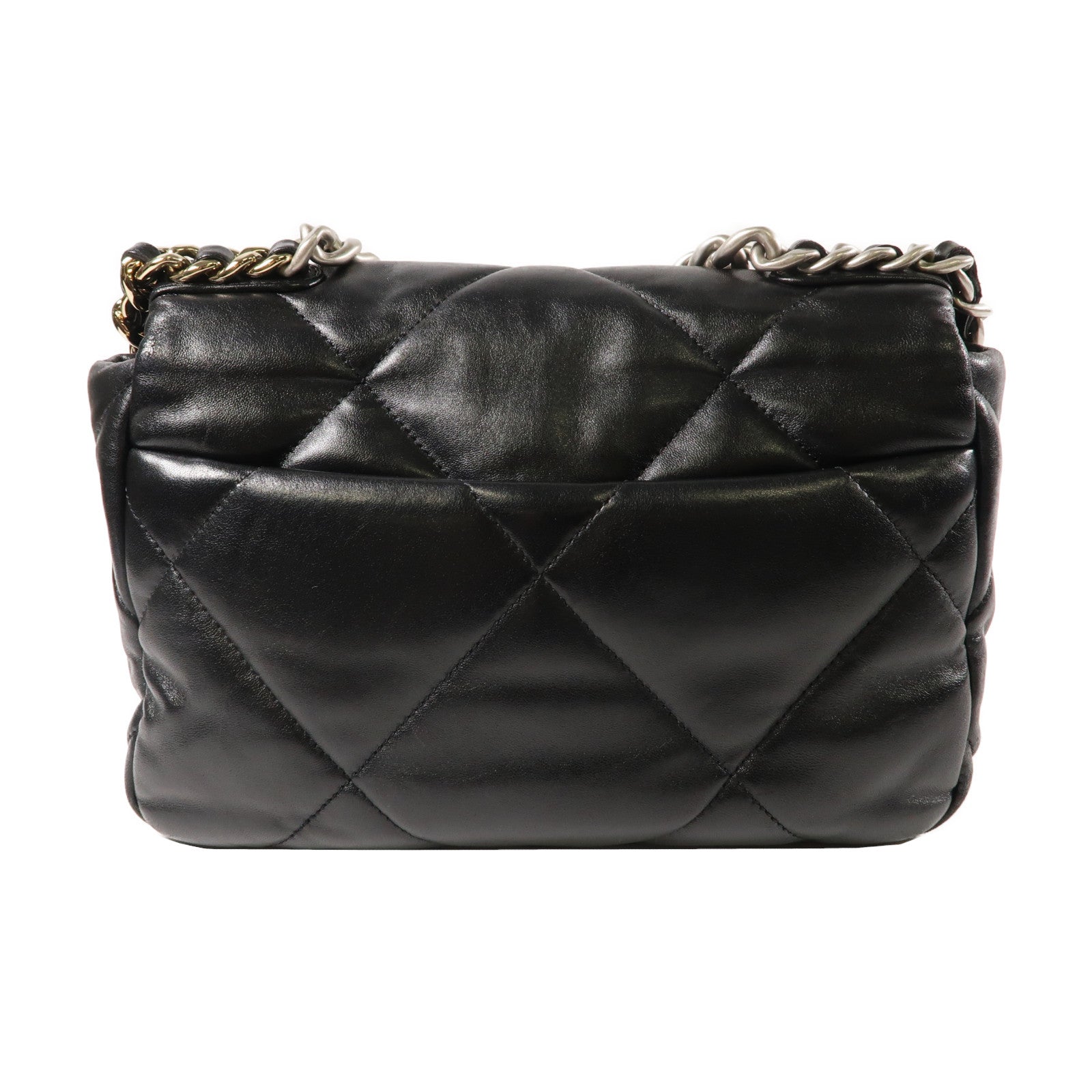 CHANEL 菱格羊皮皮革C19 Small 2 Way Chain Shoulder Bag銀扣鏈帶手挽肩背兩用袋黑色