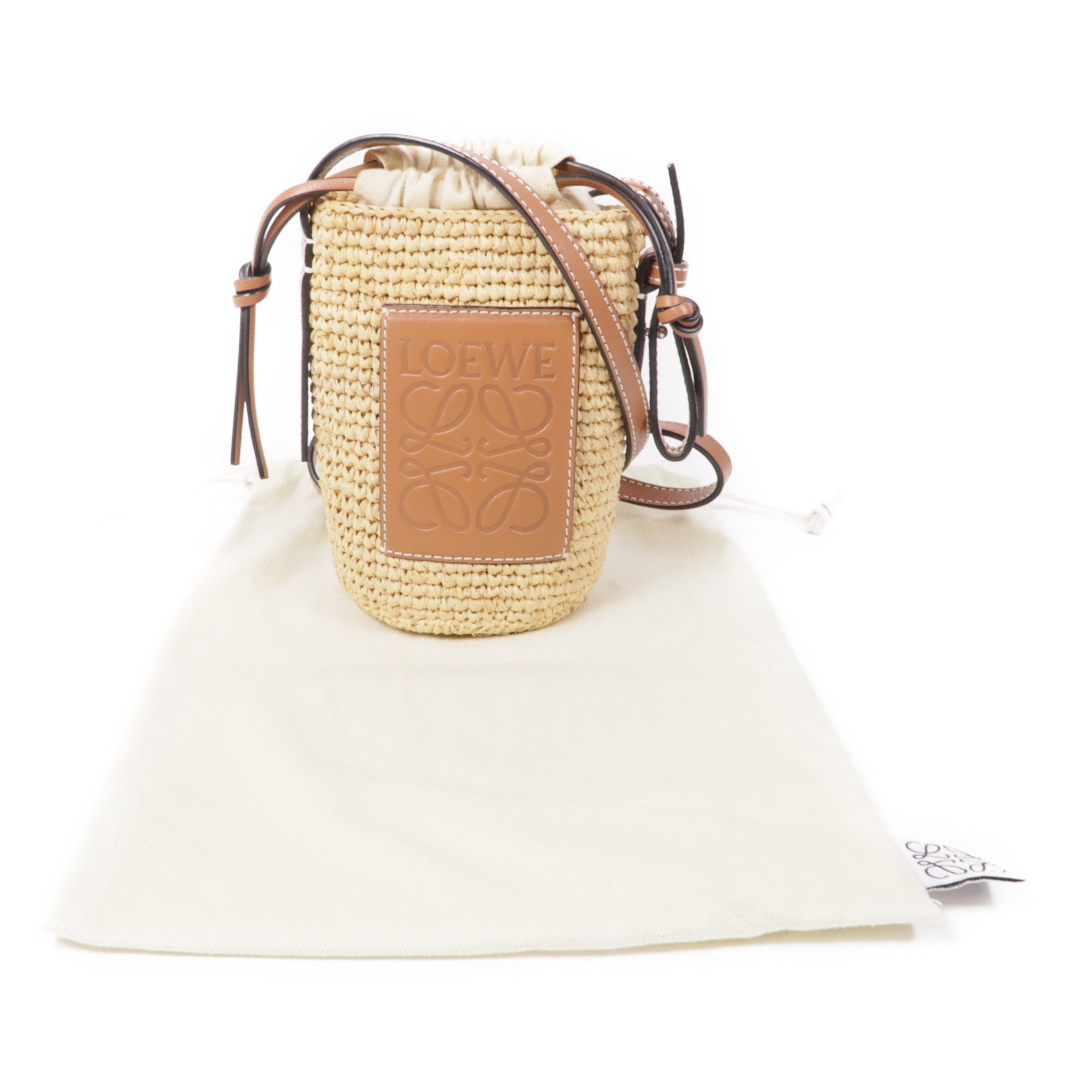 LOEWE 酒椰/牛皮皮革Raffia Bucket Shoulder肩背袋