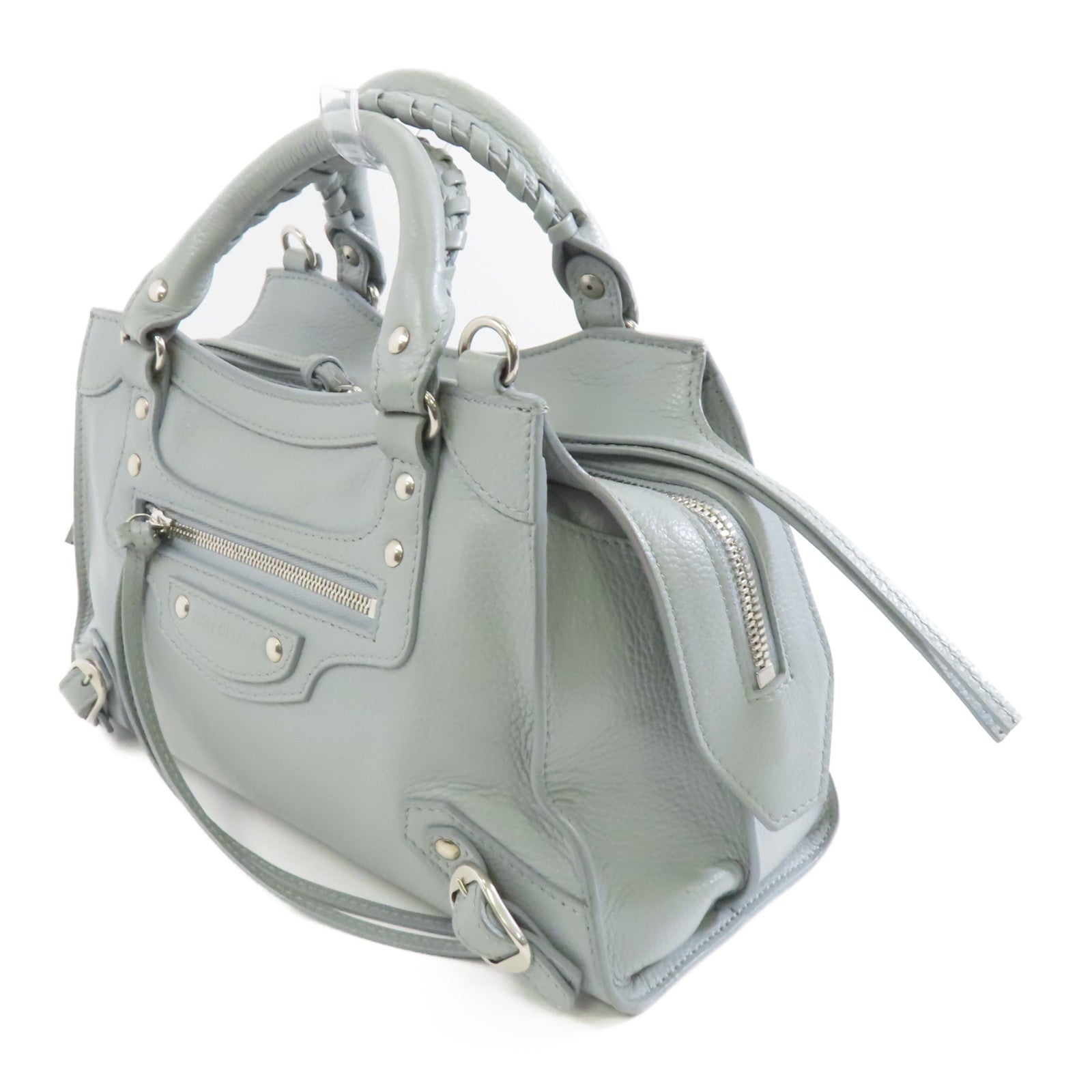 BALENCIAGA 牛皮皮革Neo Classic Mini銀扣手挽肩背兩用袋灰色