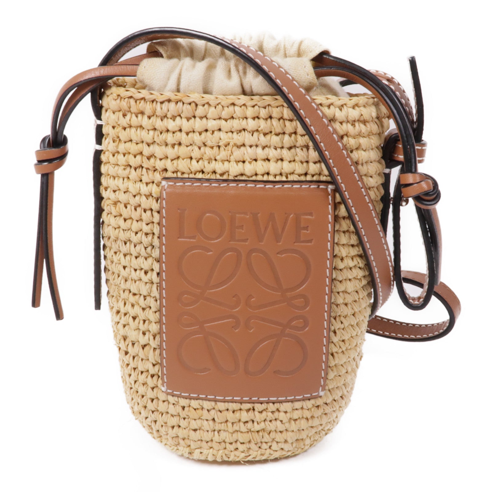 LOEWE 酒椰/牛皮皮革Raffia Bucket Shoulder肩背袋