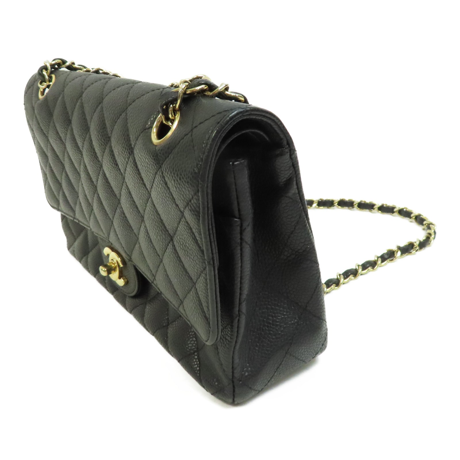 CHANEL 菱格Caviar皮革Classic 25金扣鏈帶肩背袋黑色