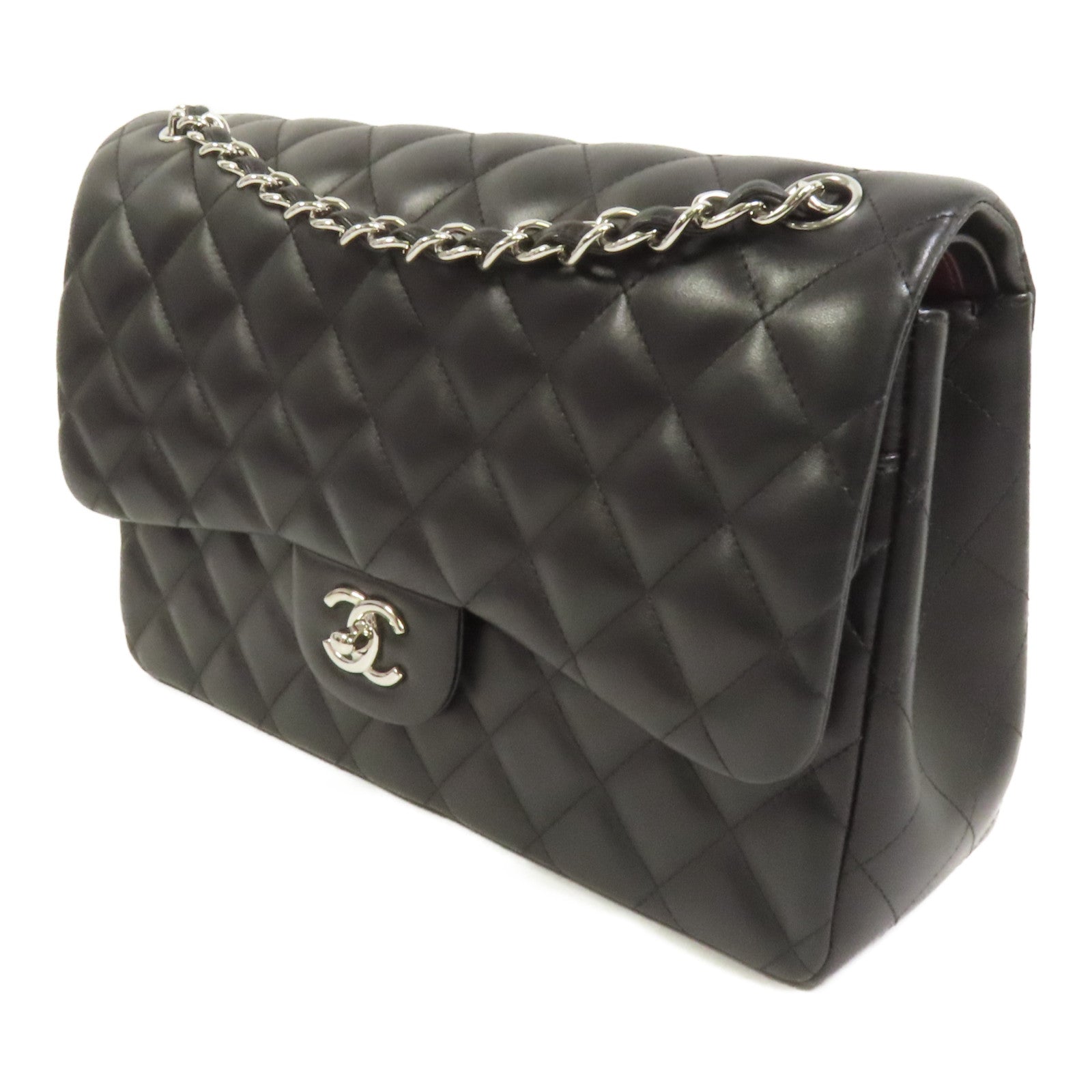 CHANEL 羊皮皮革Large Classic銀扣鏈帶肩背袋