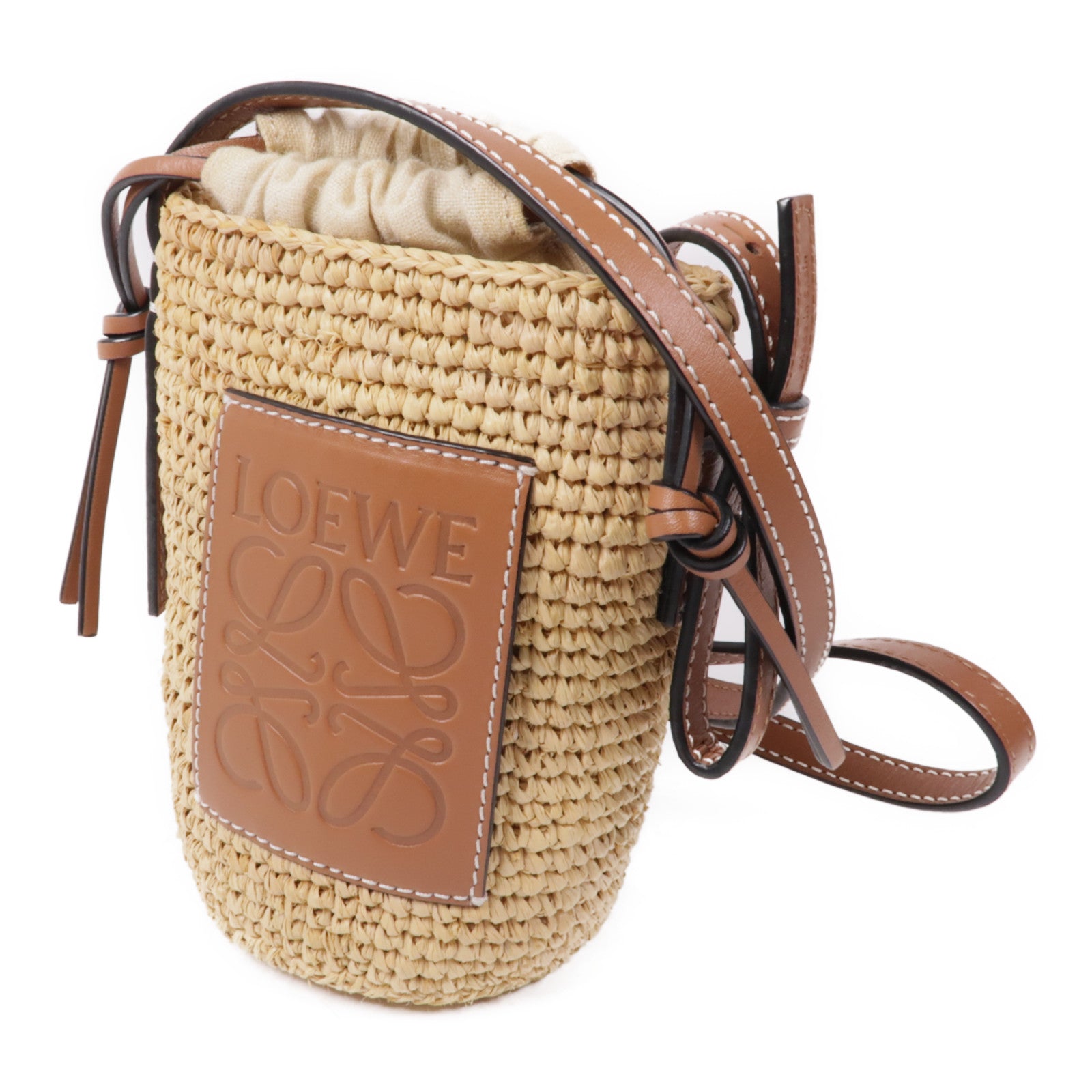 LOEWE 酒椰/牛皮皮革Raffia Bucket Shoulder肩背袋