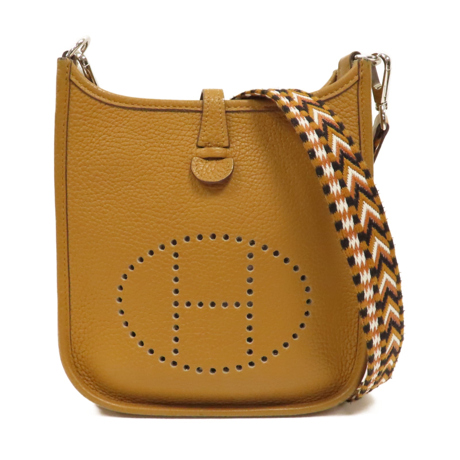 HERMES Clemence皮革Evelyne TPM銀扣肩背袋Camel駱駝色