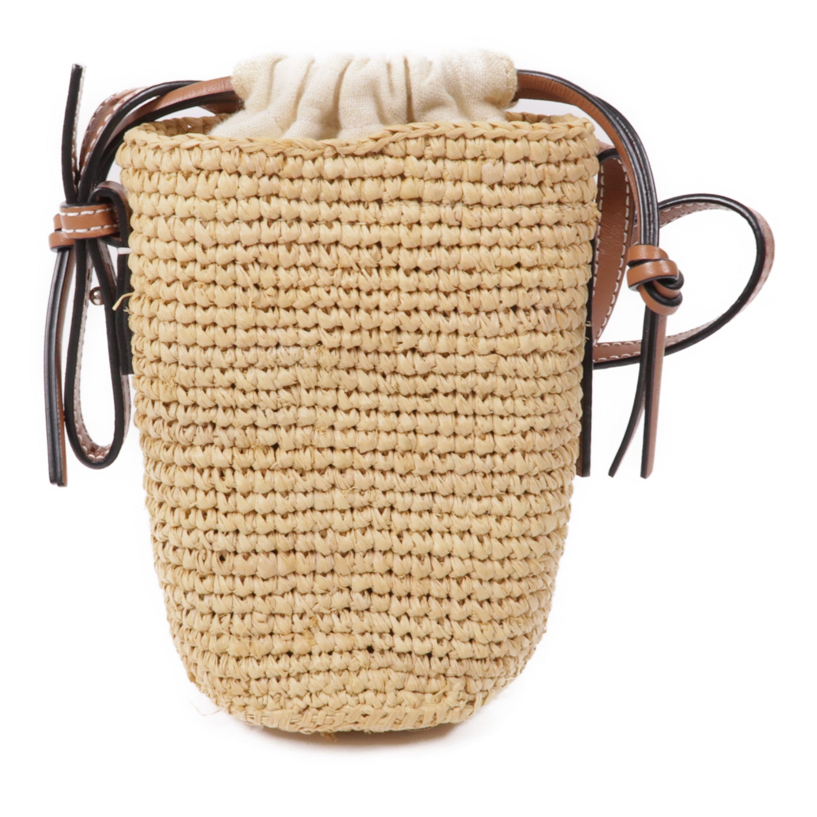 LOEWE 酒椰/牛皮皮革Raffia Bucket Shoulder肩背袋
