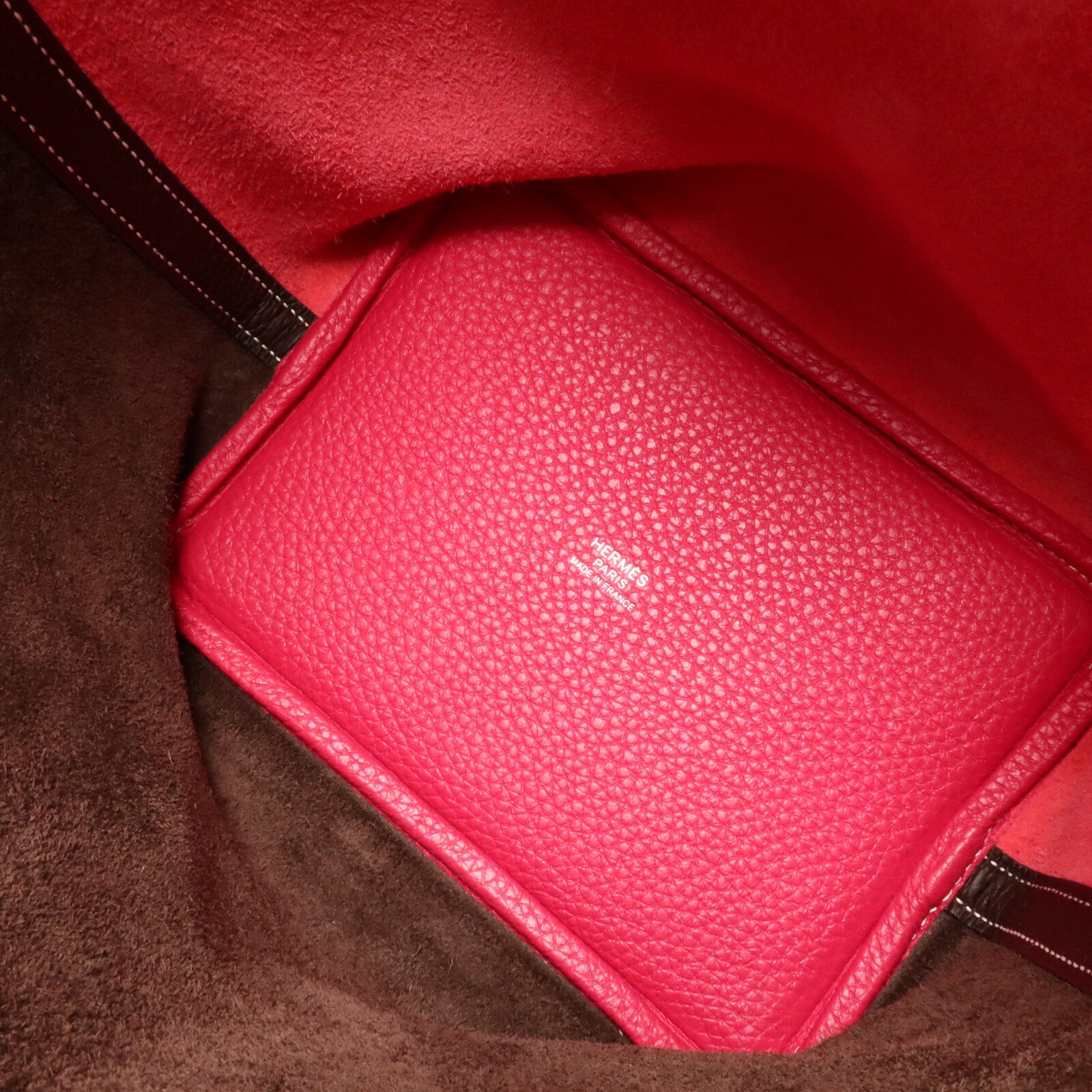 HERMES Clemence皮革Picotin PM手挽袋Rouge Sellier/Framboise