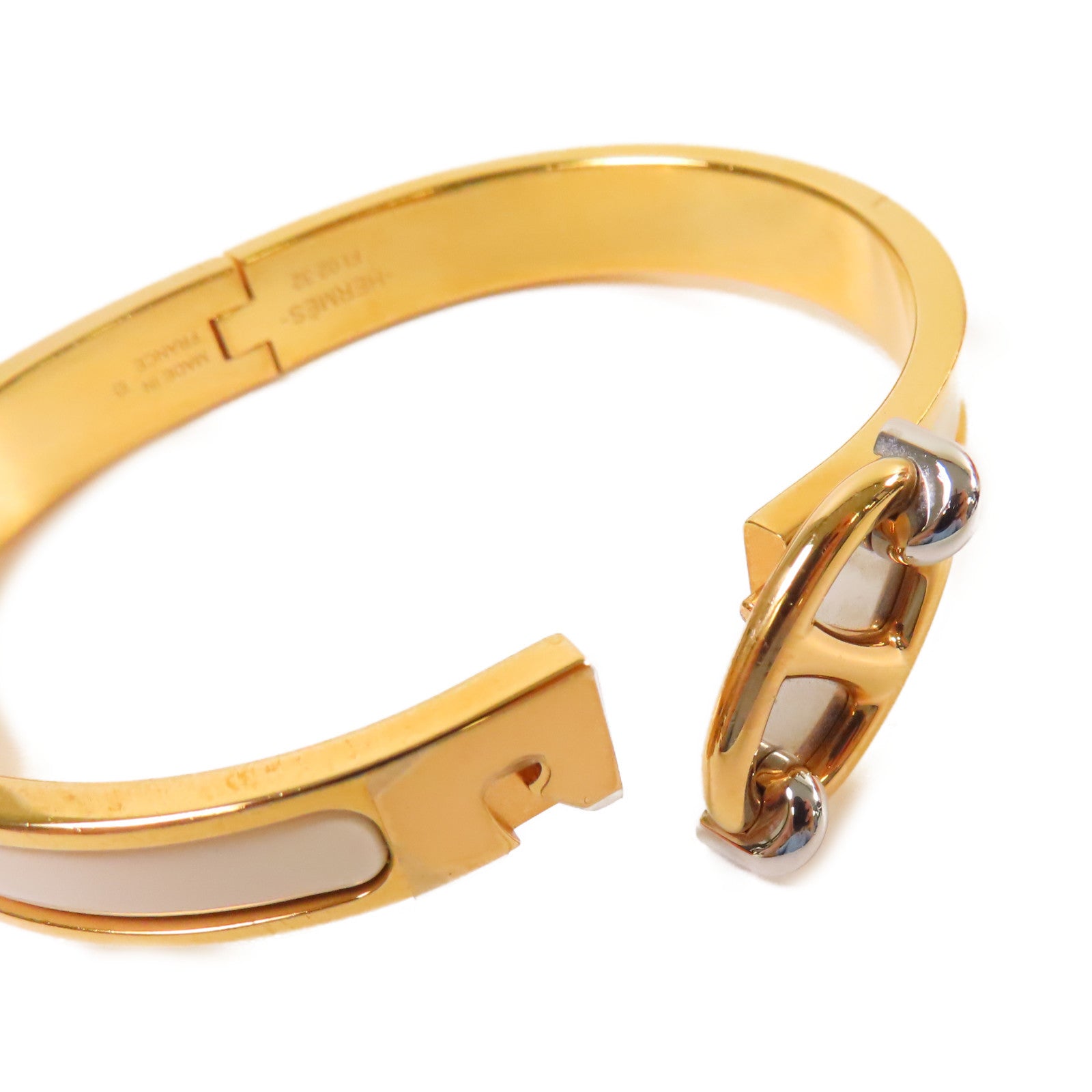 HERMES 金屬/琺瑯Mini Clic Chaine D'Ancre Bracelet金扣手鐲杏色/金色