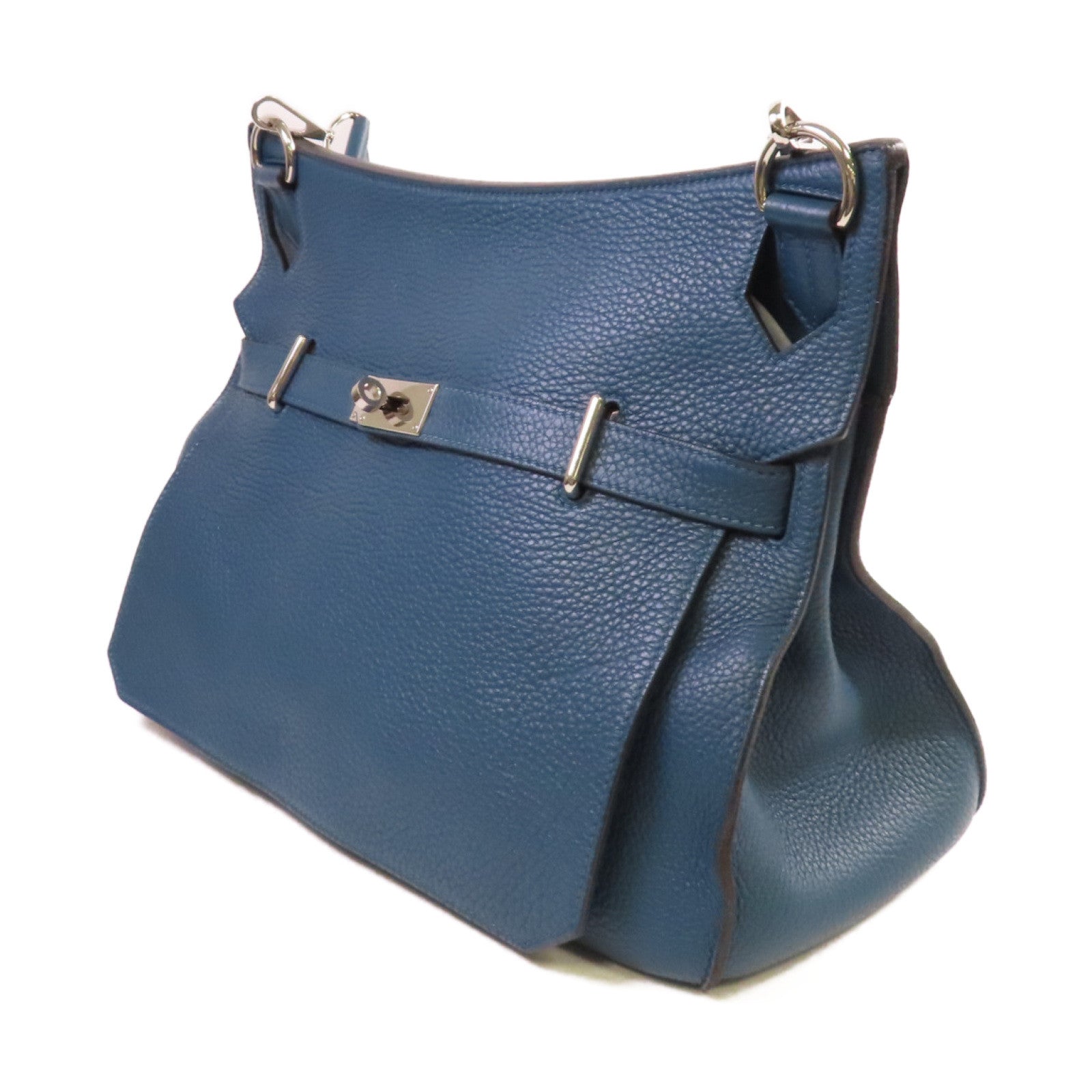 HERMES Clemence皮革Jypsiere 34 Shoulder Bag銀扣肩背袋1P Colvert鴨子藍色