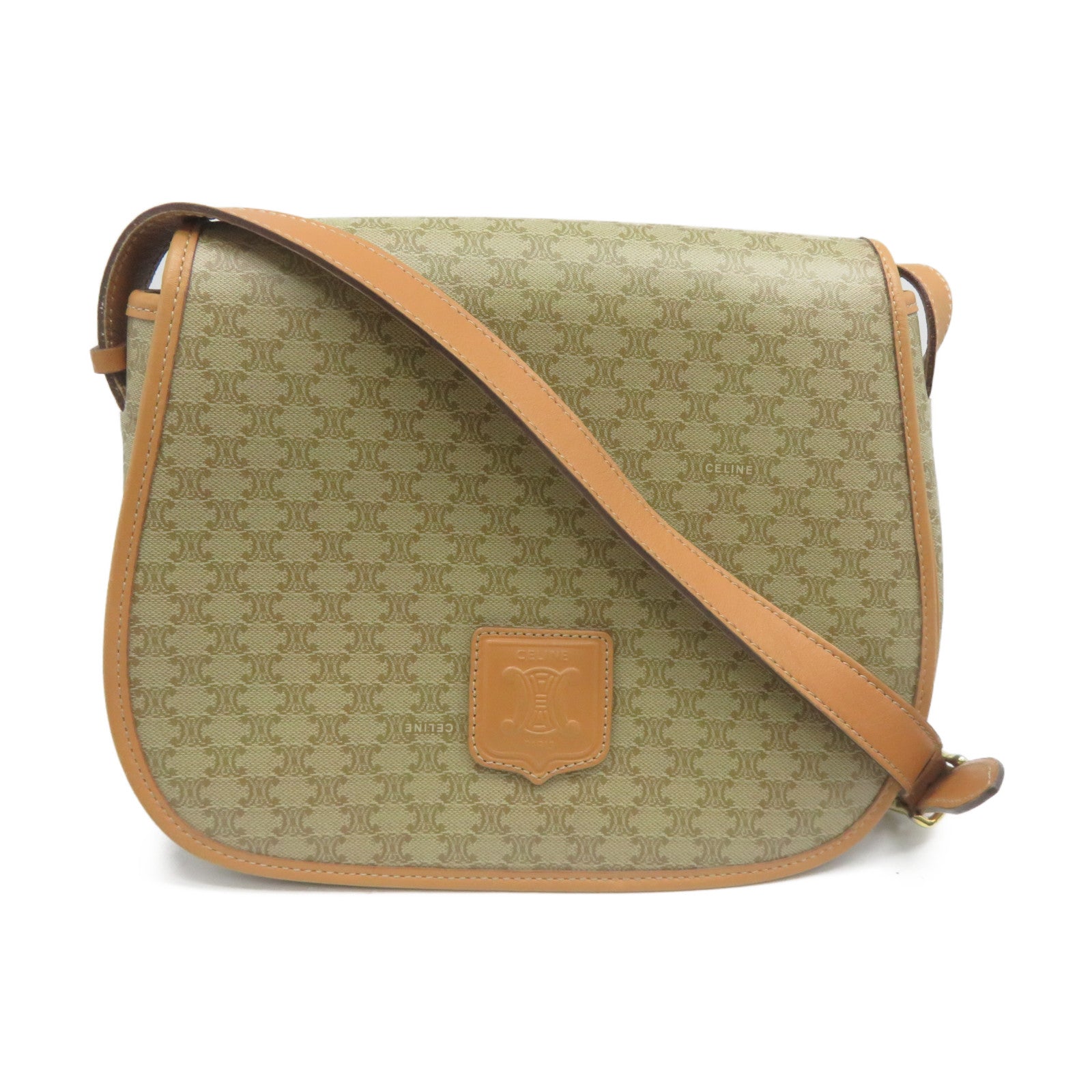 CELINE 【清倉大減價】塗層帆布Shoulder Bag金扣肩背袋卡其色