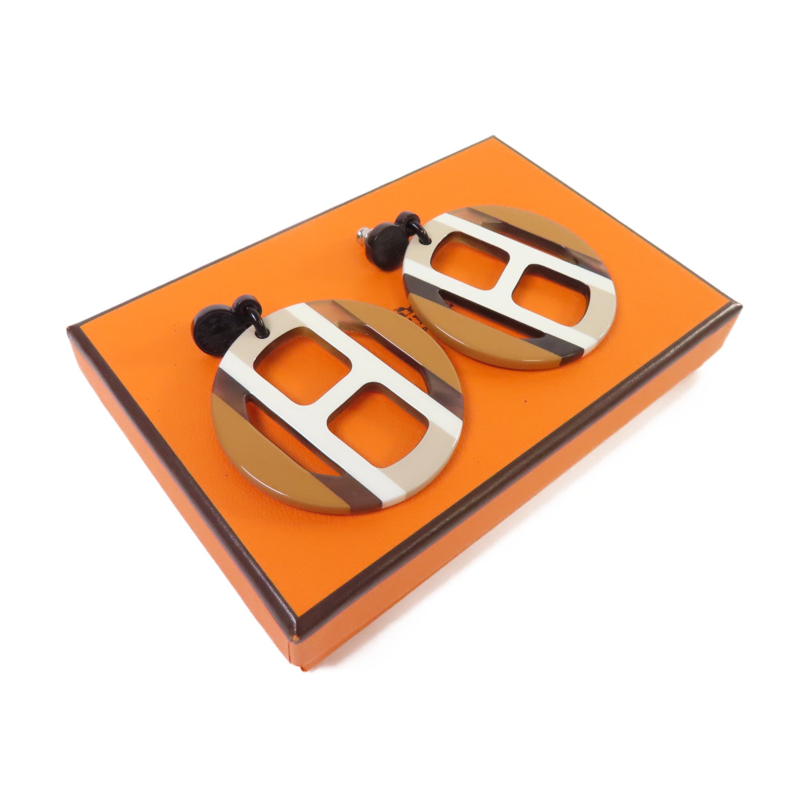 HERMES 水牛角H Equipe Earrings銀扣耳環白色/啡色