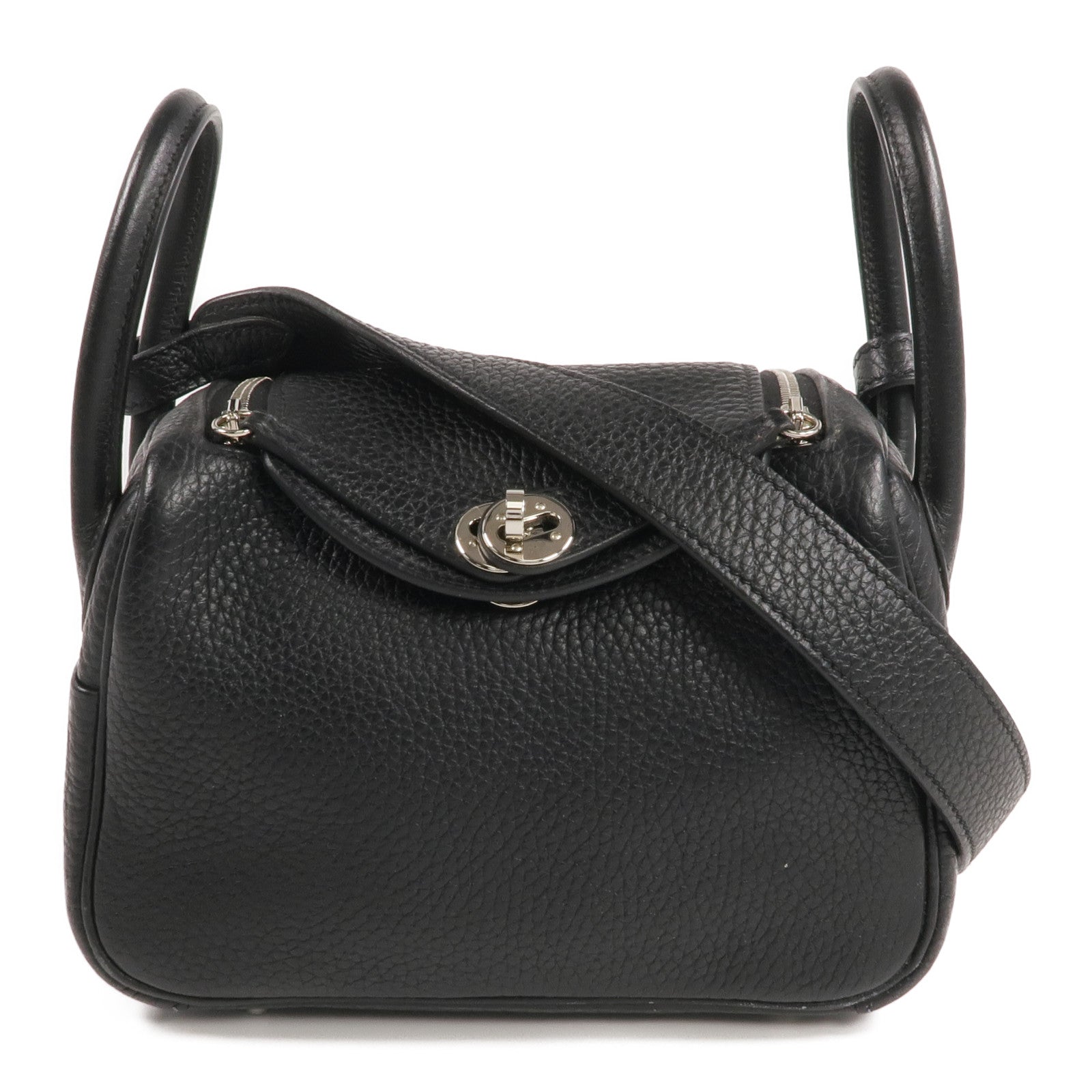 HERMES Clemence皮革Mini Lindy銀扣手挽肩背兩用袋Noir